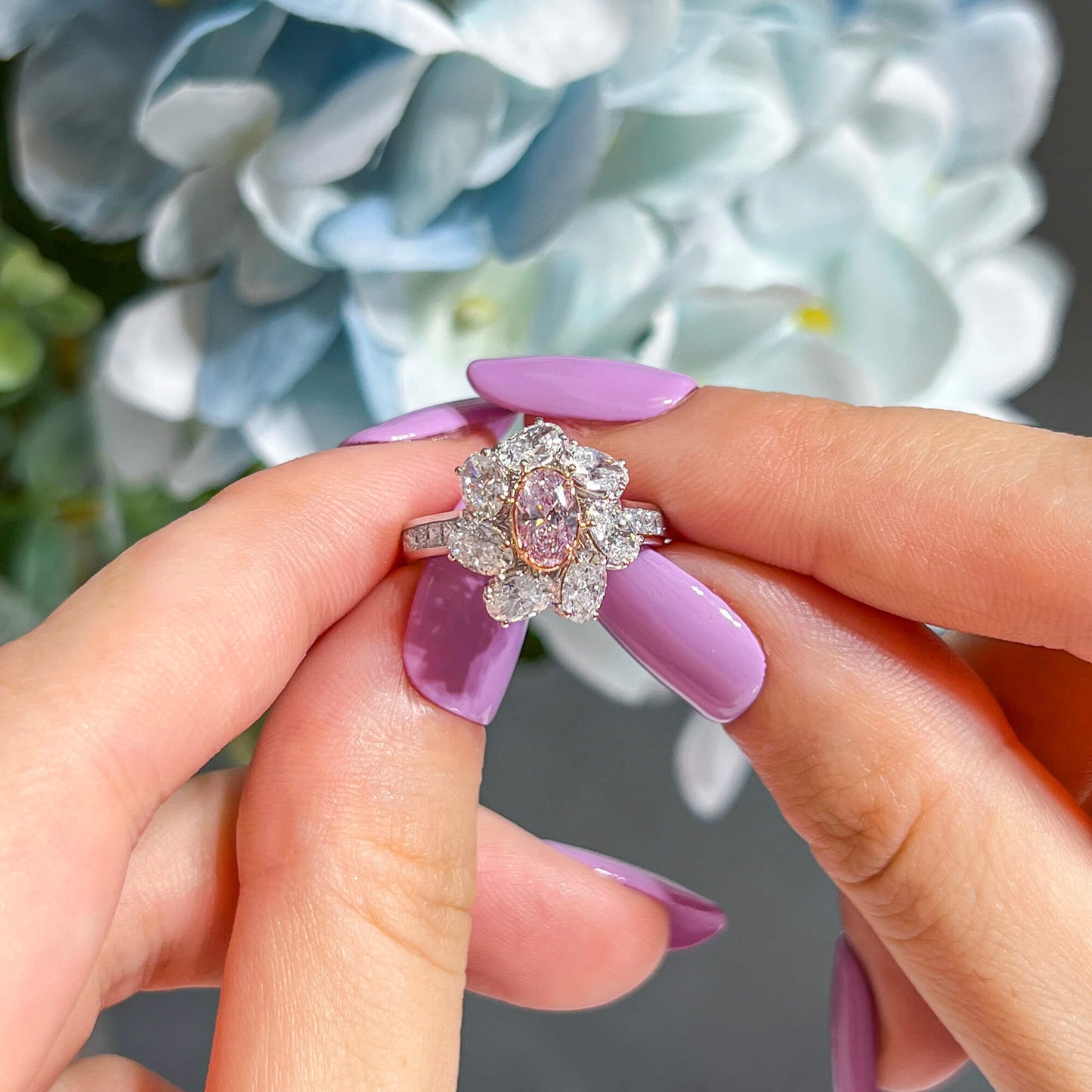 Natural Very Light Pink Diamond Halo Ring, 18K White & Rose Gold, Oval Shape, 3.09 Ct. TW