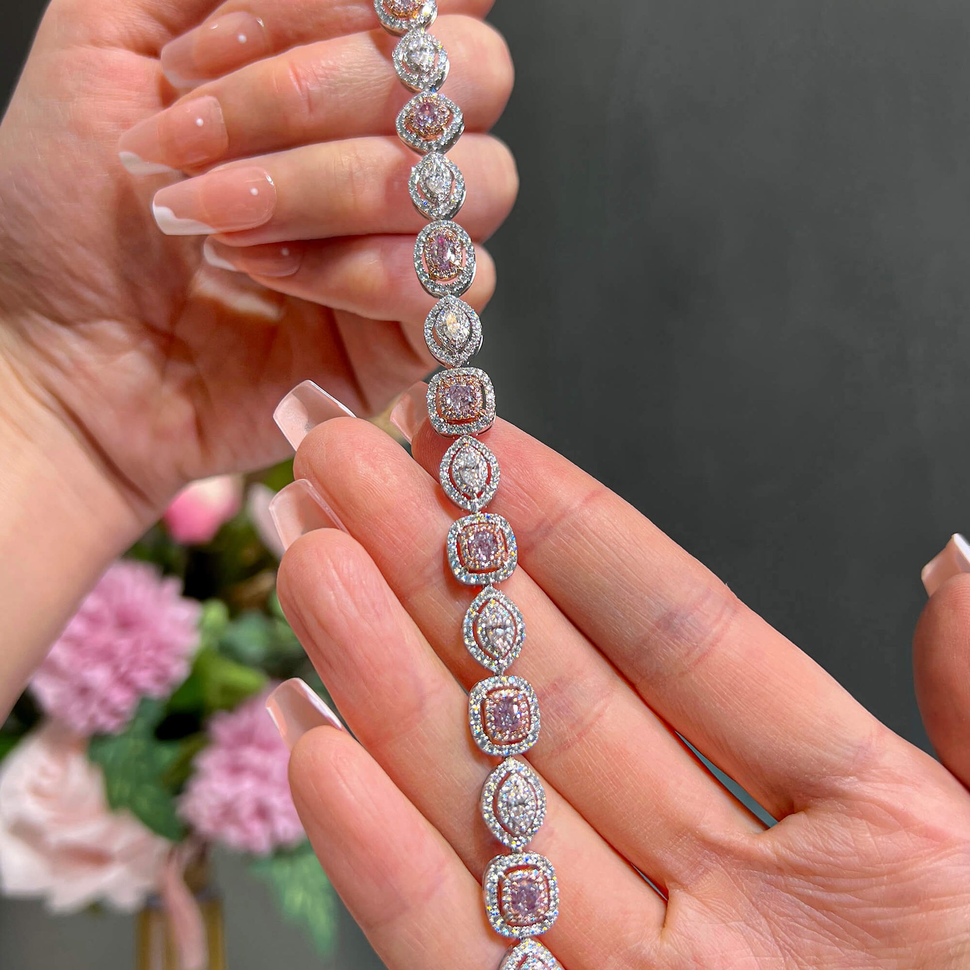 Natural Very Light Pink Diamond Bracelet, 18K White & Rose Gold, Pear Shape, 6.58 Ct. TW