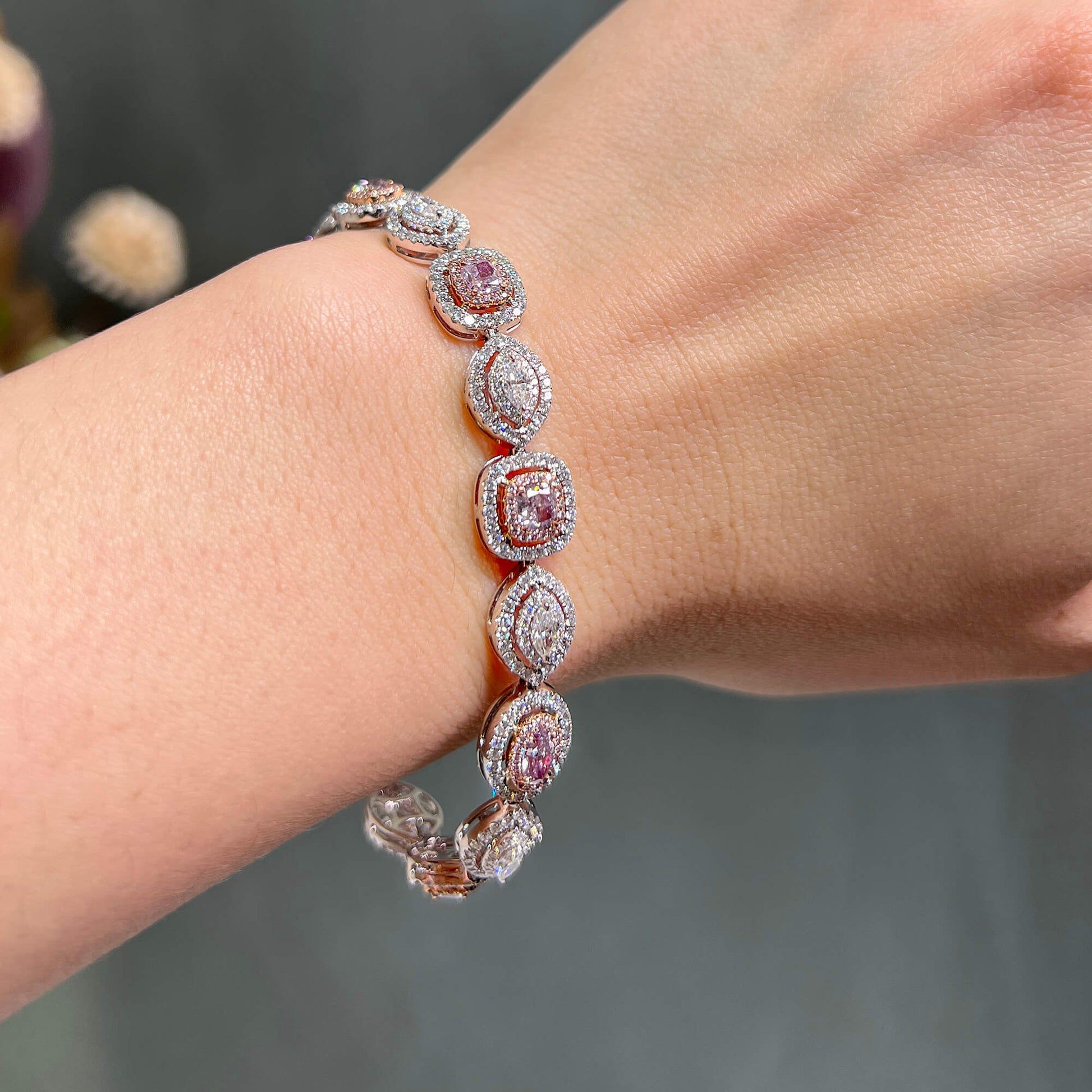 Natural Very Light Pink Diamond Bracelet, 18K White & Rose Gold, Pear Shape, 6.58 Ct. TW