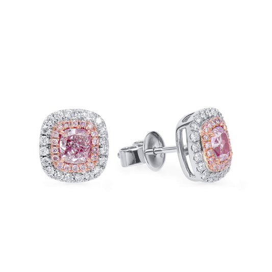 Natural Very Light Pink Diamond Cluster Earrings, 18K White & Rose Gold, Cushion Shape, 0.99 Ct. TW