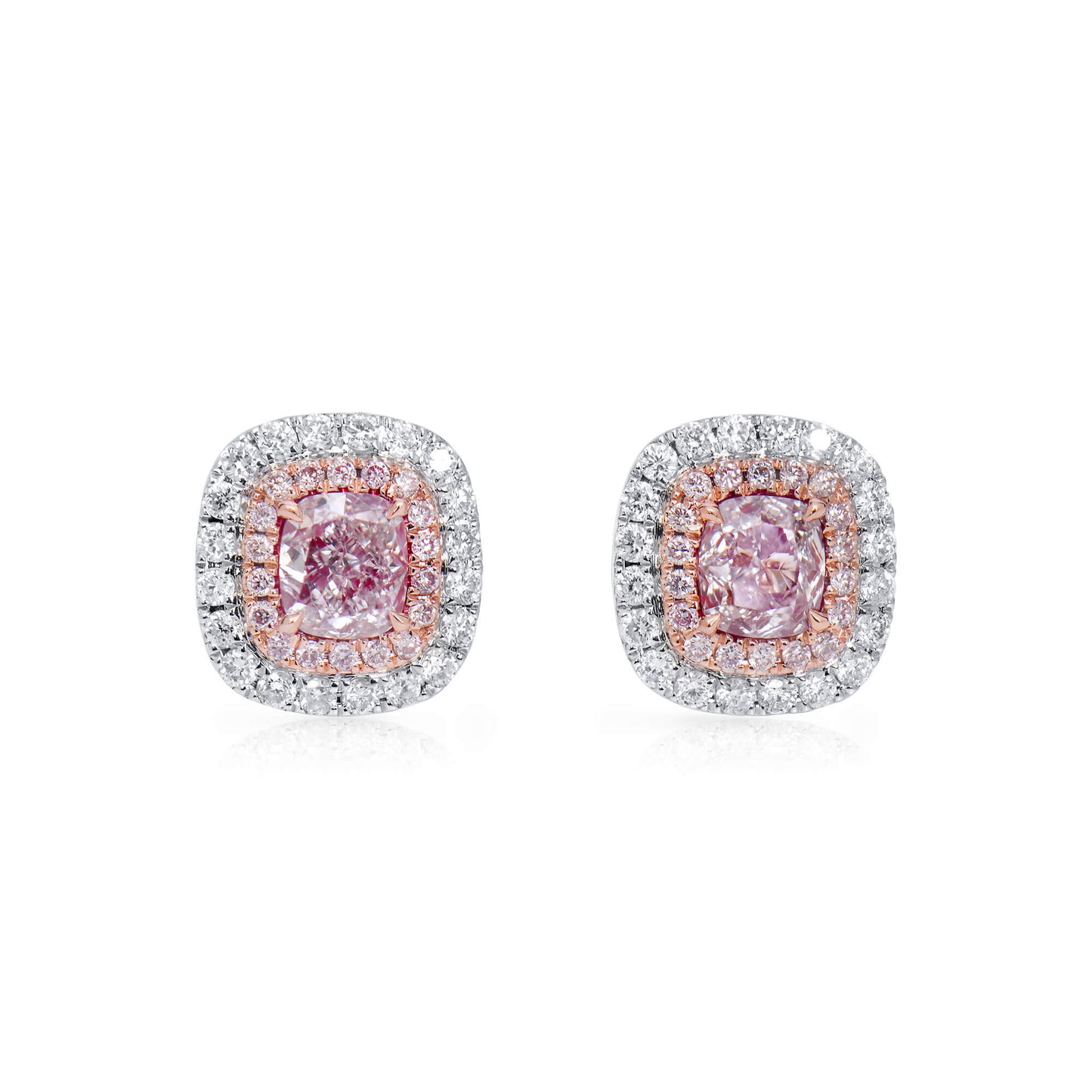 Natural Very Light Pink Diamond Cluster Earrings, 18K White & Rose Gold, Cushion Shape, 0.99 Ct. TW