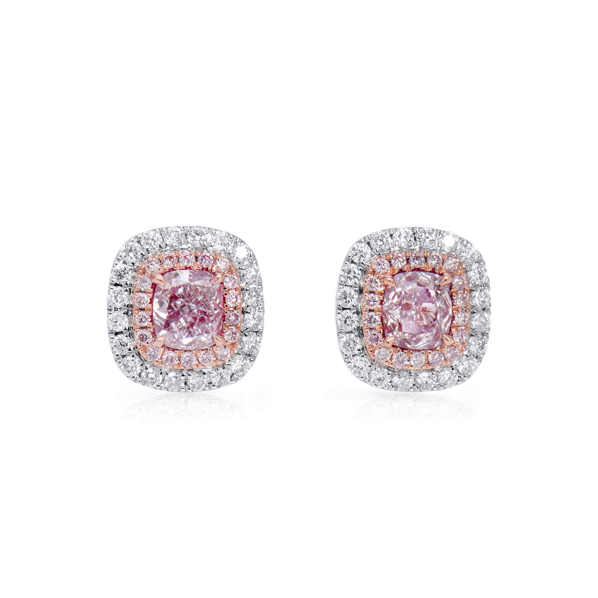 Natural Very Light Pink Diamond Cluster Earrings, 18K White & Rose Gold, Cushion Shape, 0.99 Ct. TW