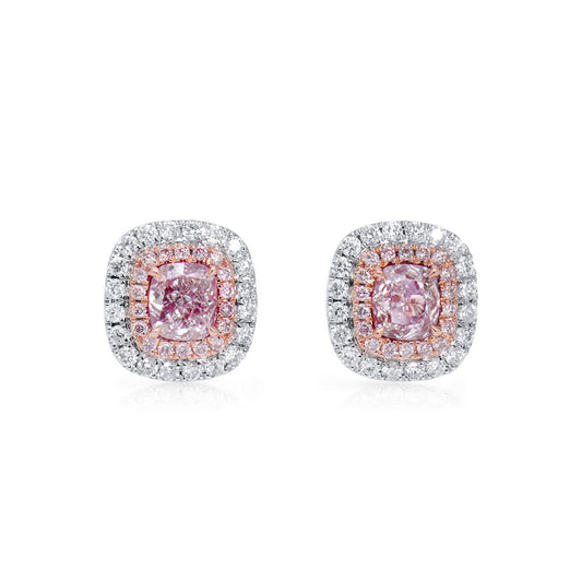 Natural Very Light Pink Diamond Cluster Earrings, 18K White & Rose Gold, Cushion Shape, 0.99 Ct. TW