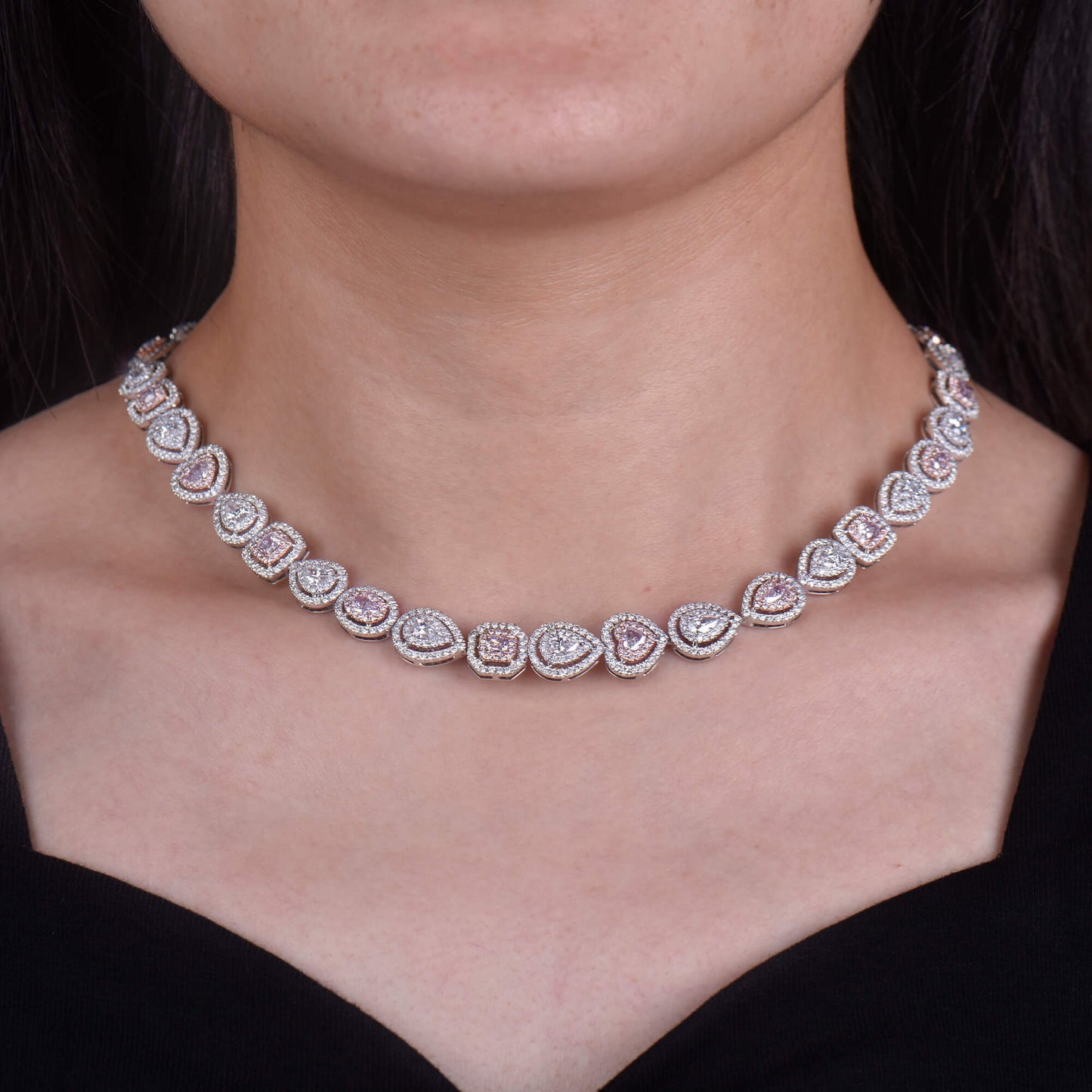 Natural Very Light Pink Diamond Chain Necklace, 18K White Gold, 17.70 Ct. TW