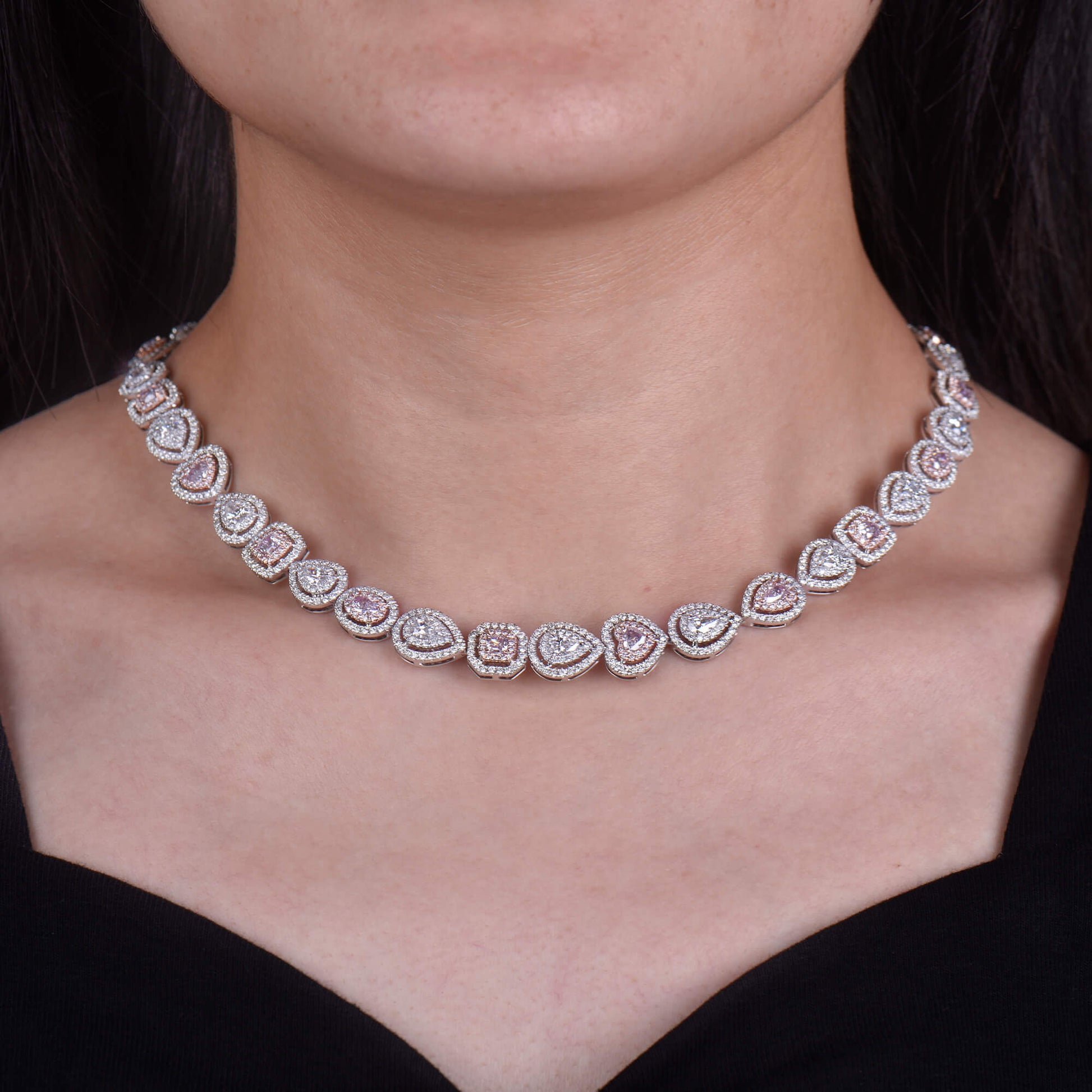 Natural Very Light Pink Diamond Chain Necklace, 18K White Gold, 17.70 Ct. TW