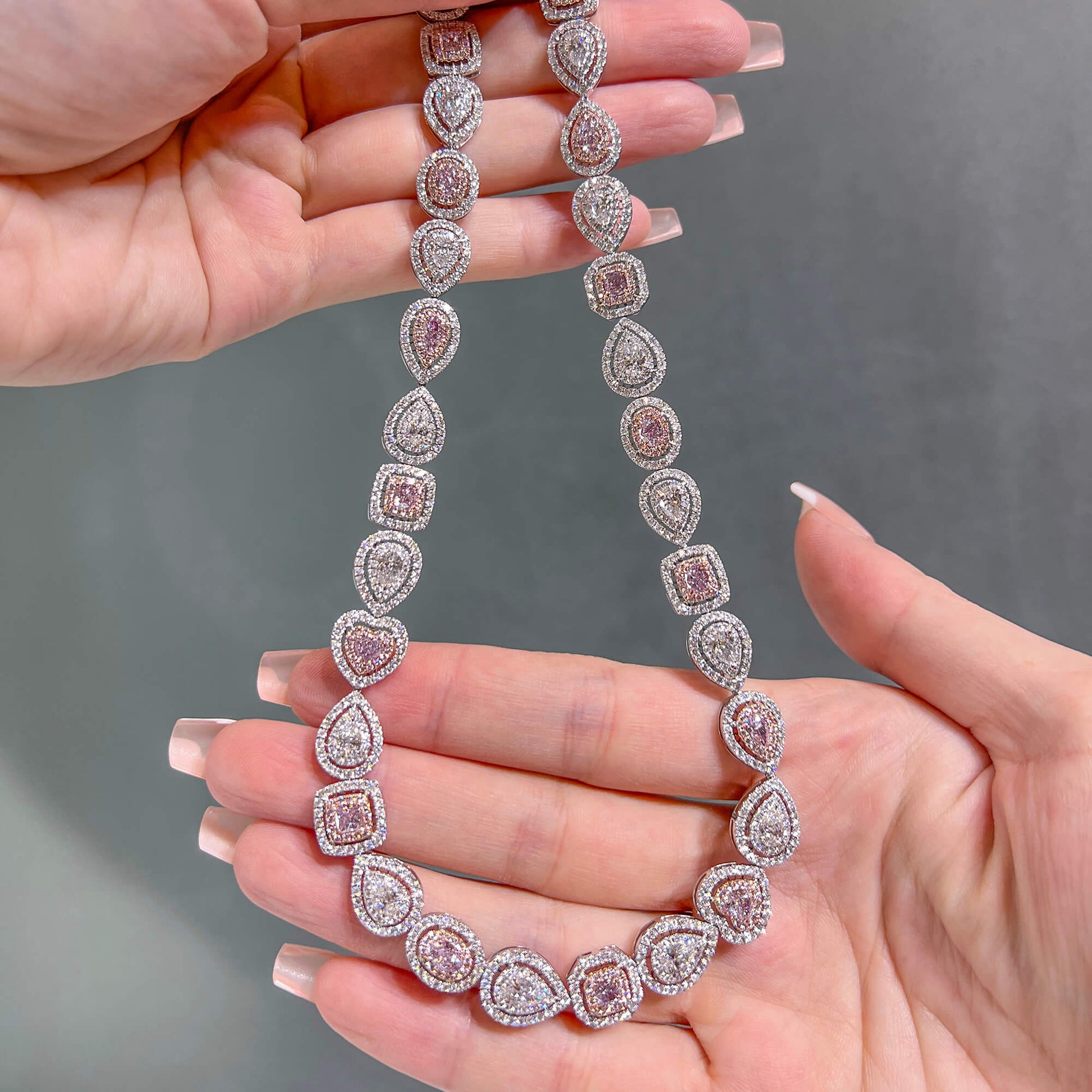 Natural Very Light Pink Diamond Chain Necklace, 18K White Gold, 17.70 Ct. TW