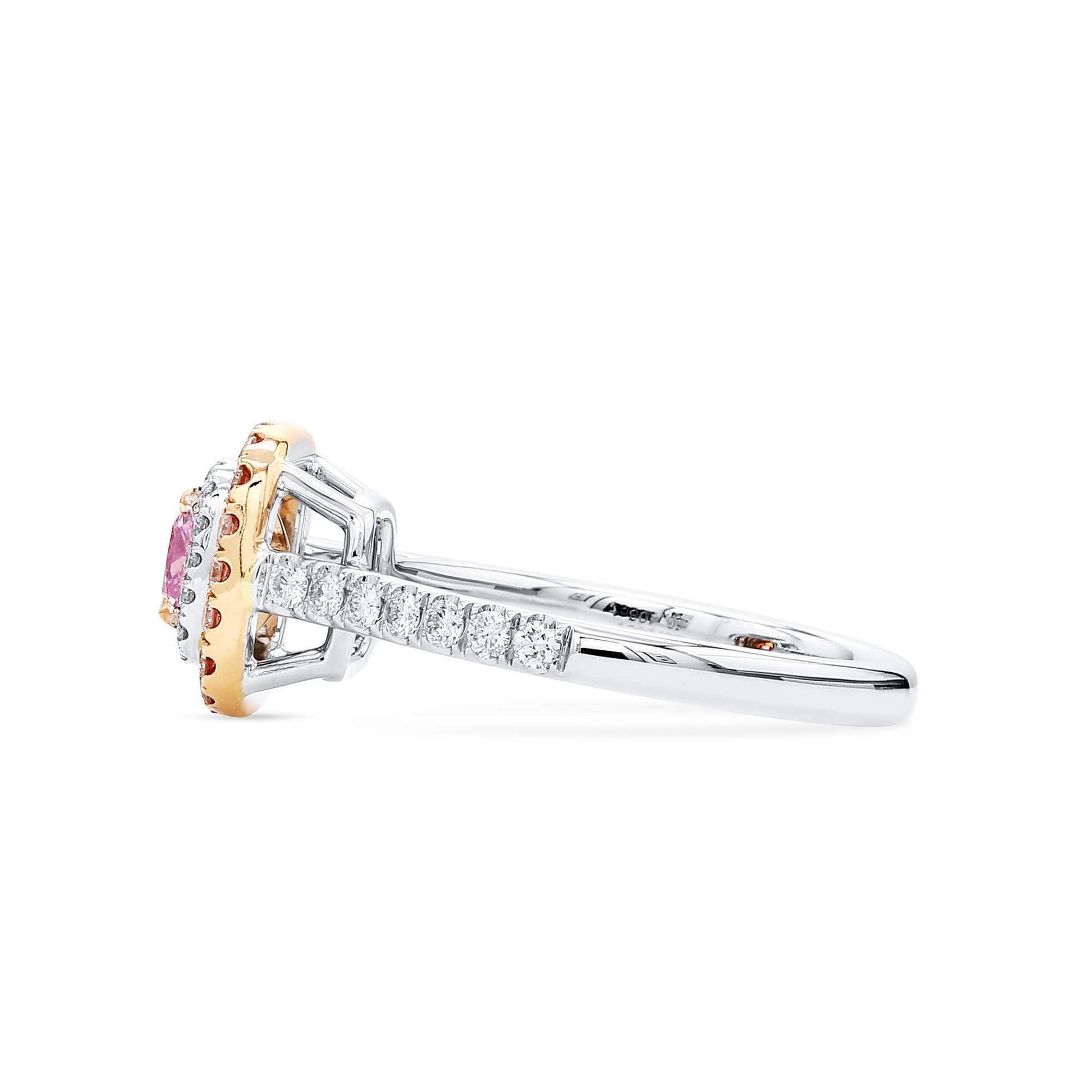 Natural Very Light Pink Diamond Halo Ring, 18K White & Rose Gold, Radiant Shape, 0.91 Ct. TW