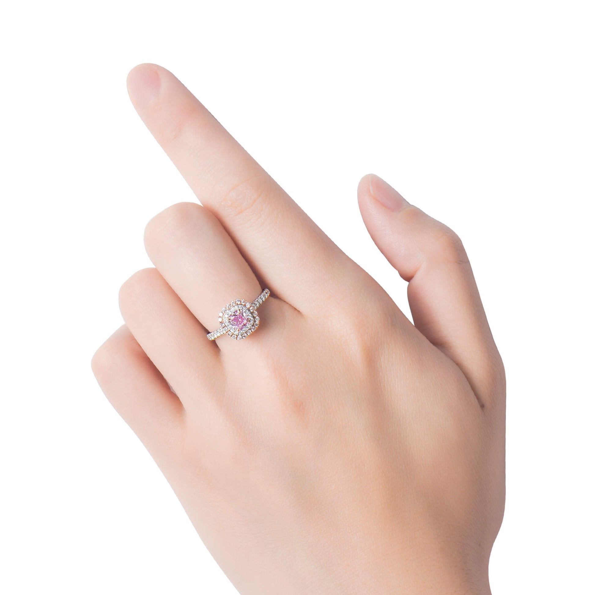 Natural Very Light Pink Diamond Halo Ring, 18K White & Rose Gold, Radiant Shape, 0.91 Ct. TW