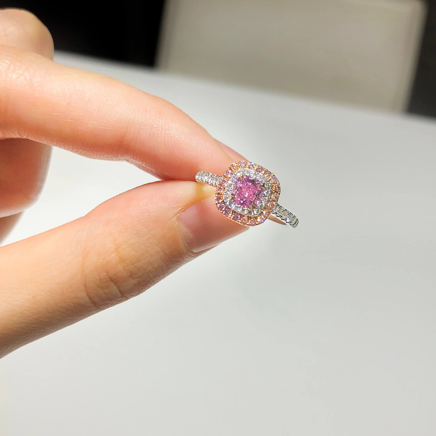 Natural Very Light Pink Diamond Halo Ring, 18K White & Rose Gold, Radiant Shape, 0.91 Ct. TW