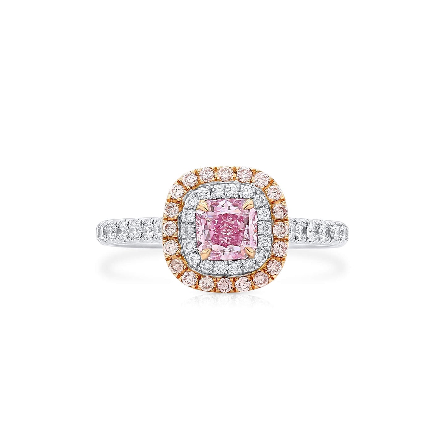 Natural Very Light Pink Diamond Halo Ring, 18K White & Rose Gold, Radiant Shape, 0.91 Ct. TW