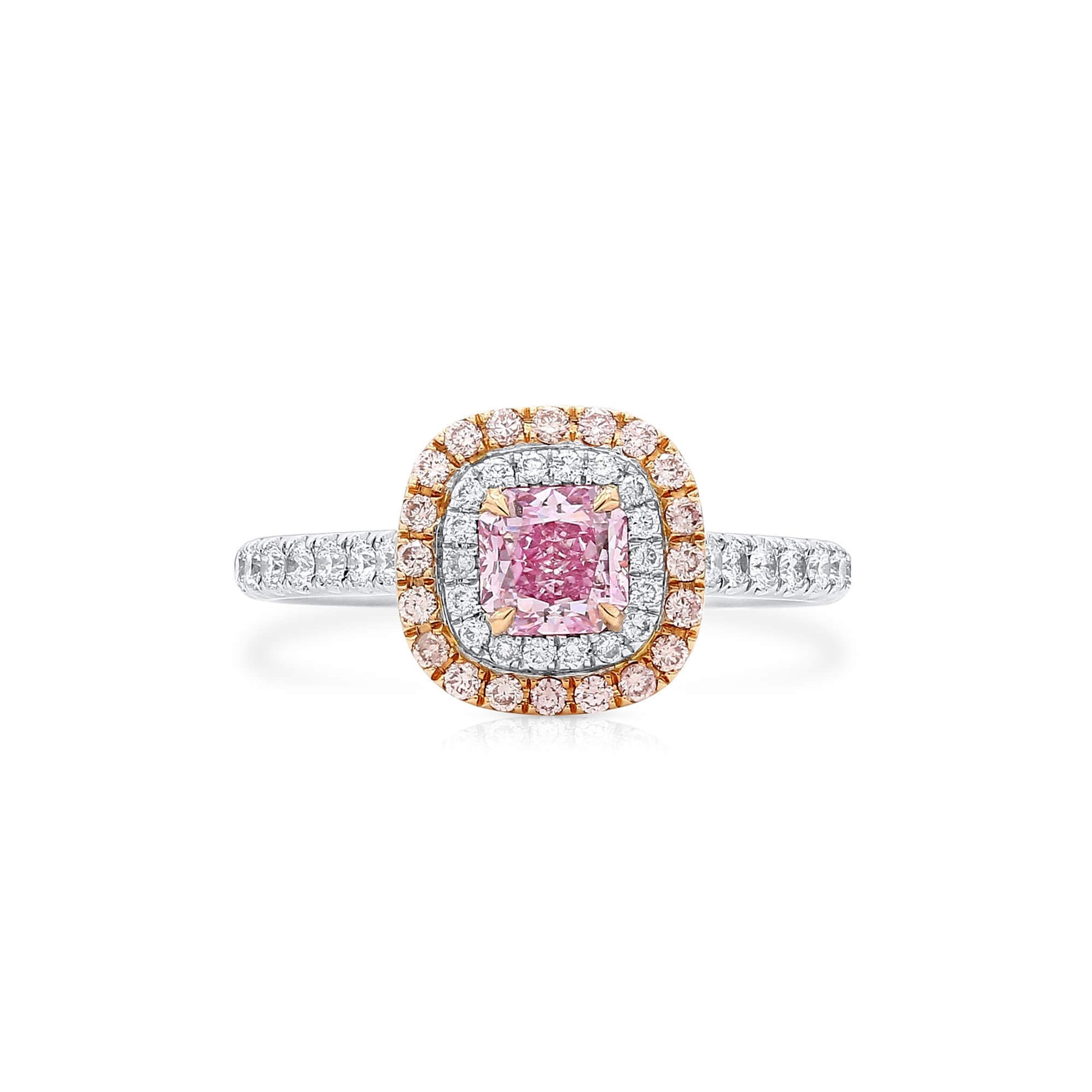 Natural Very Light Pink Diamond Halo Ring, 18K White & Rose Gold, Radiant Shape, 0.91 Ct. TW