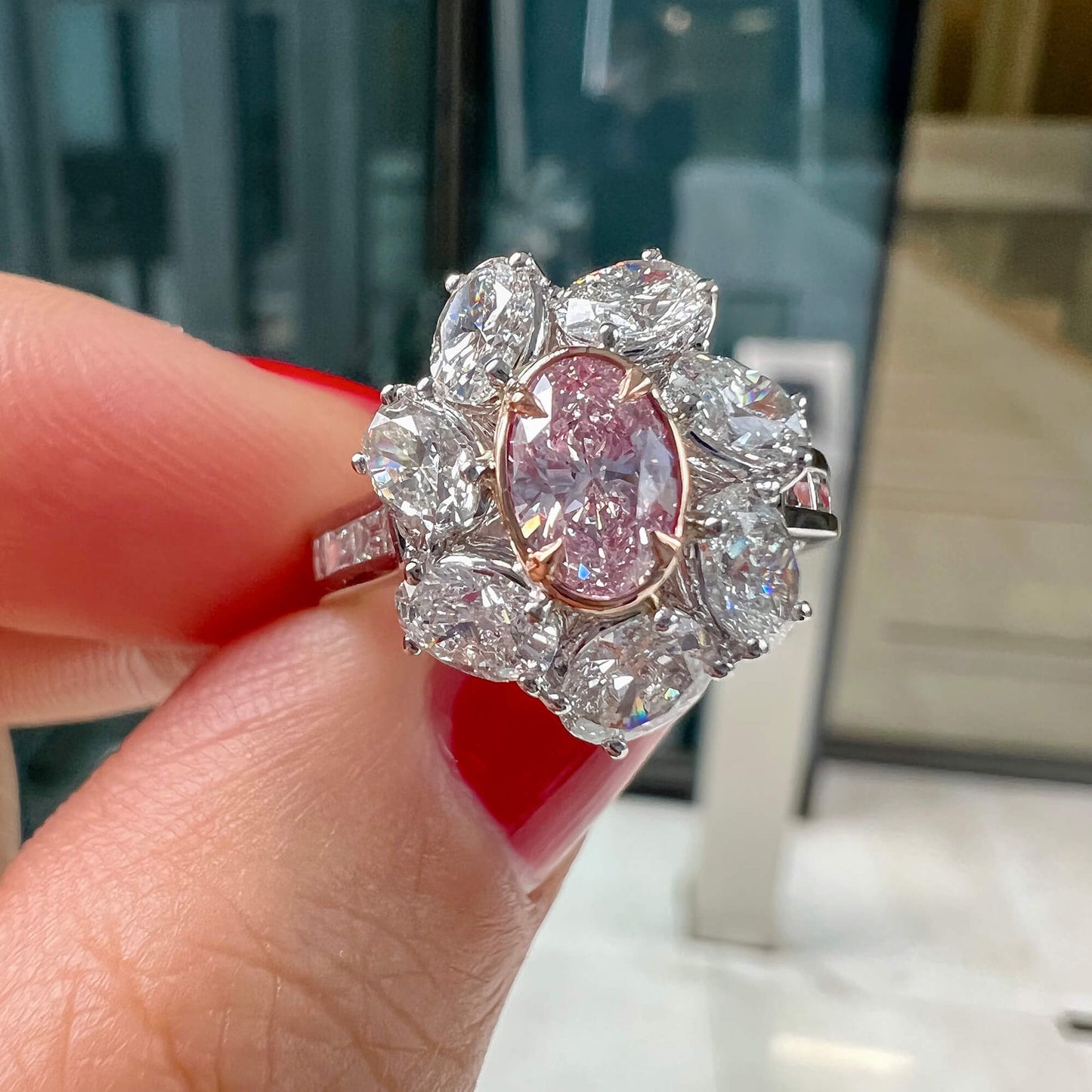 Natural Very Light Pink Diamond Ring, 18K White & Rose Gold, Oval Shape, 2.71 Ct. TW