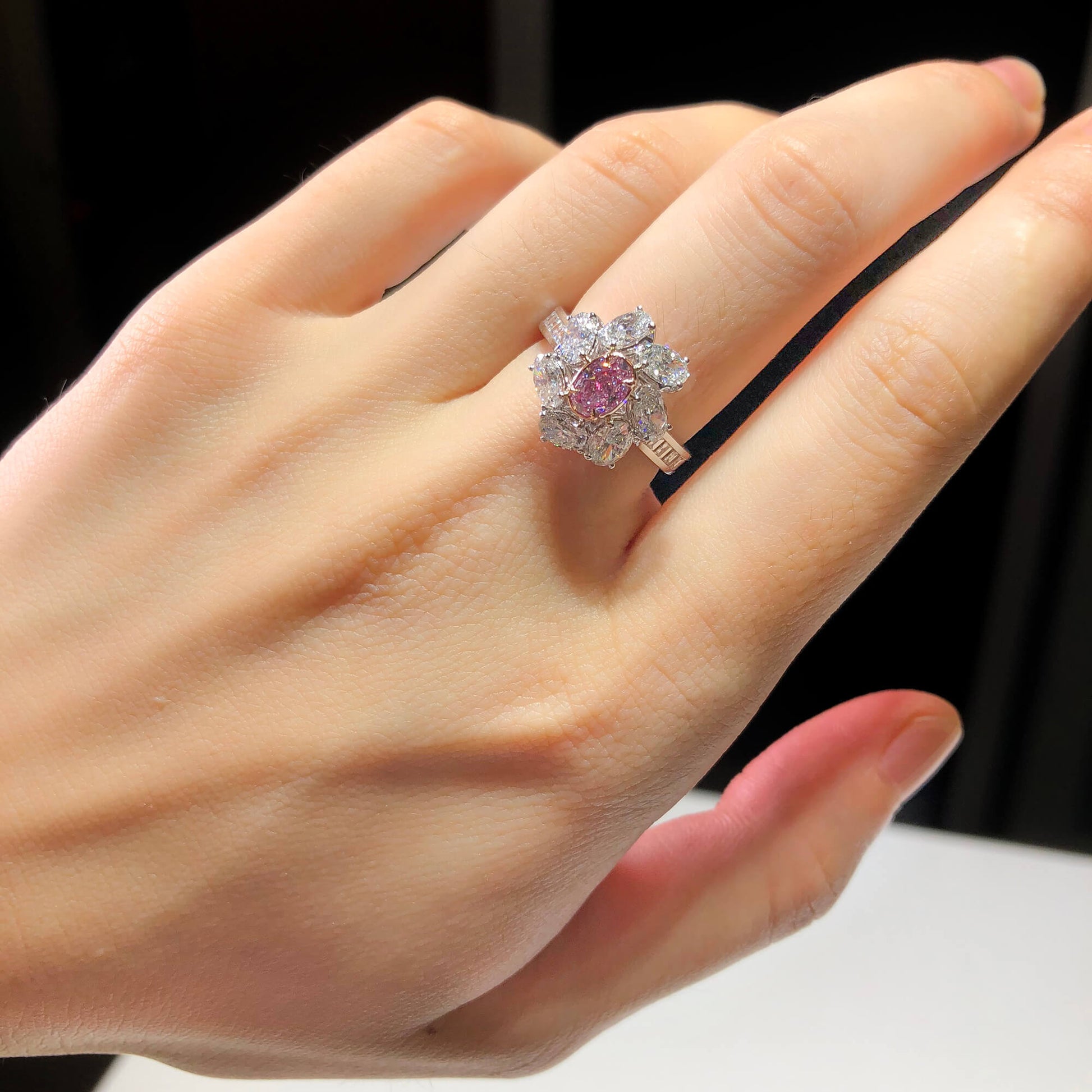 Natural Very Light Pink Diamond Halo Ring, 18K White & Rose Gold, Oval Shape, 2.82 Ct. TW