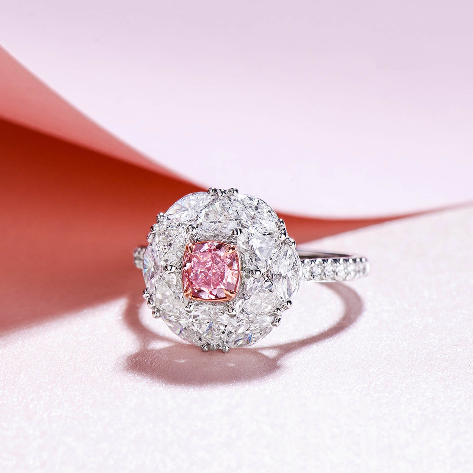 Natural Very Light Pink Diamond Ring, 18K White & Rose Gold, Cushion Shape, 3.04 Ct. TW