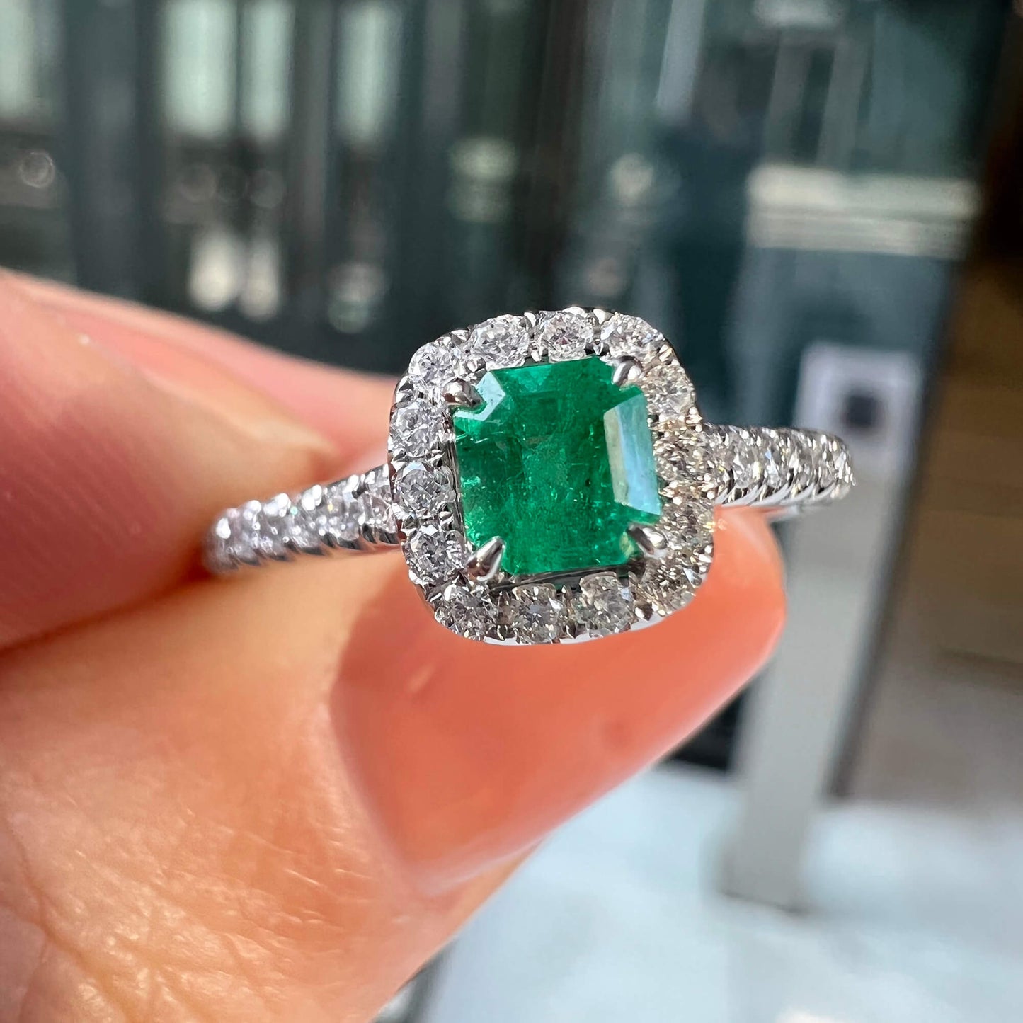 Natural Vivid Green Colombian Emerald Halo Ring, 18K White Gold, Radiant Shape, 0.55 Ct. TW