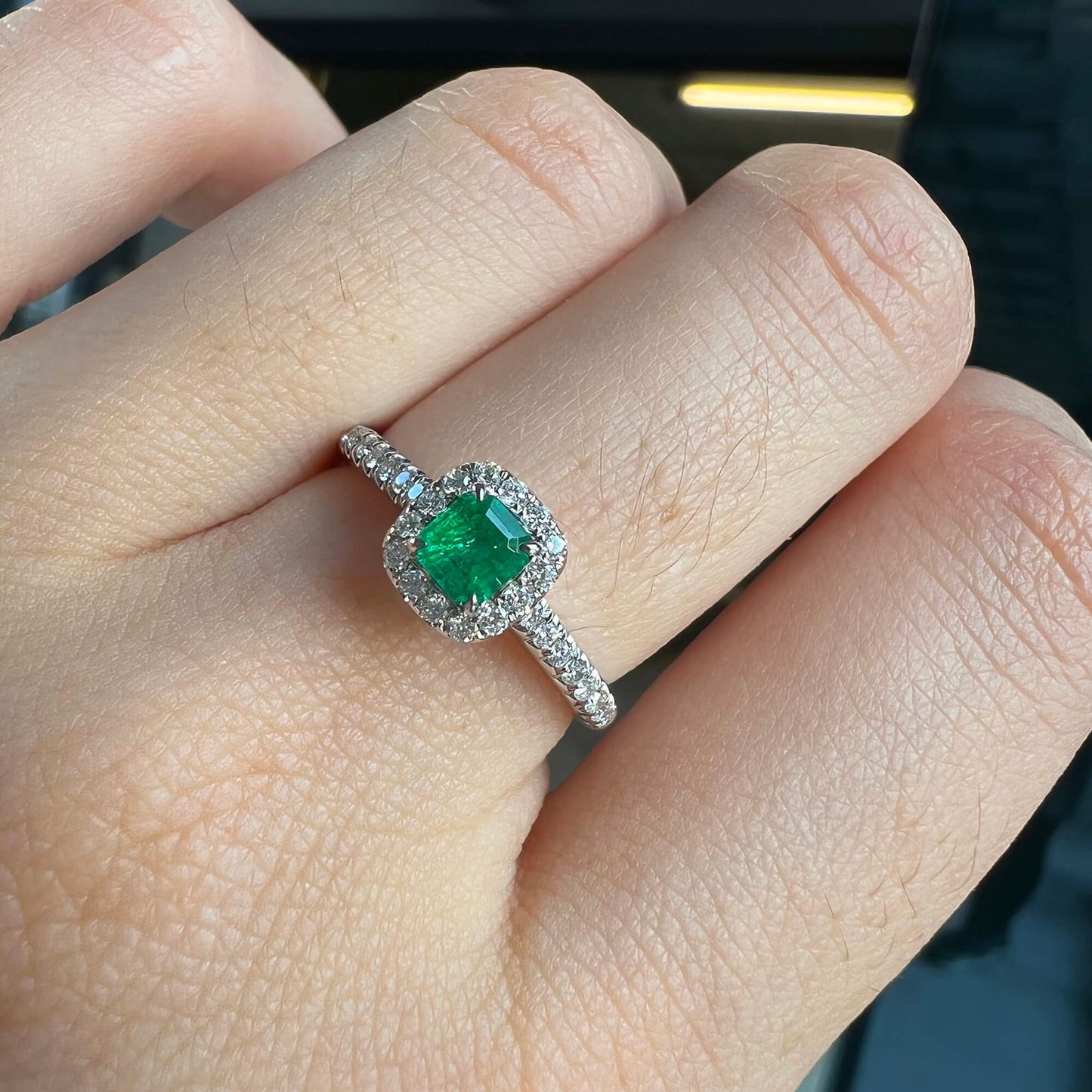 Natural Vivid Green Colombian Emerald Halo Ring, 18K White Gold, Radiant Shape, 0.55 Ct. TW