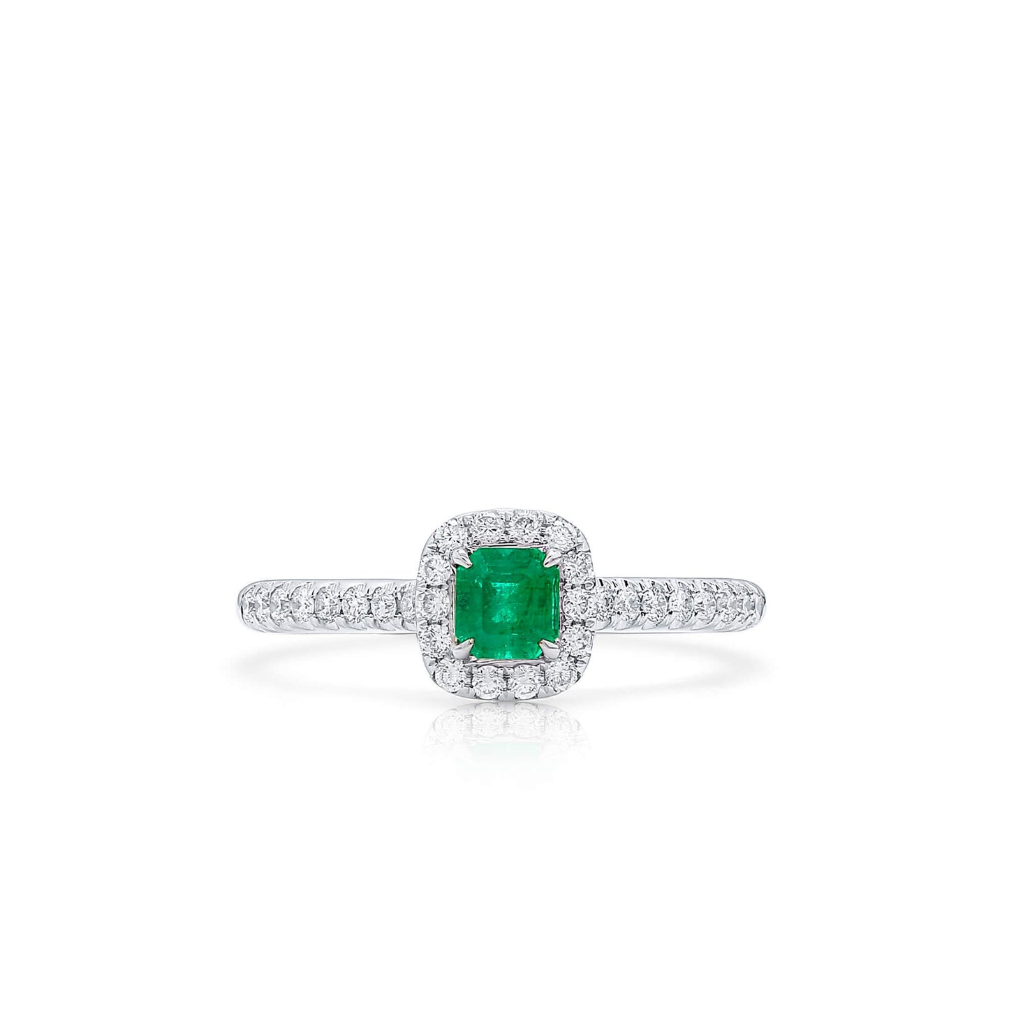 Natural Vivid Green Colombian Emerald Halo Ring, 18K White Gold, Radiant Shape, 0.55 Ct. TW