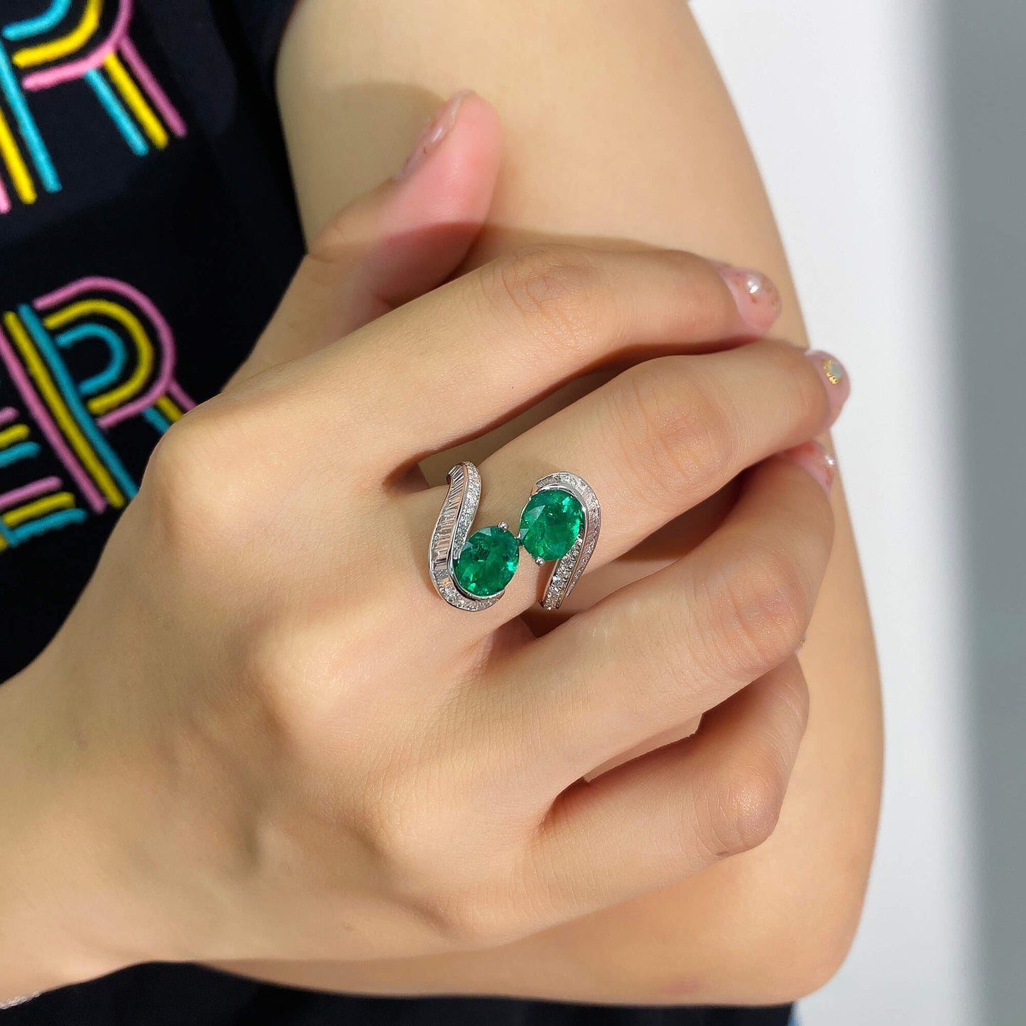 Natural Vivid Green Colombian Emerald Ring, 18K White Gold, Oval Shape, 3.47 Ct. TW