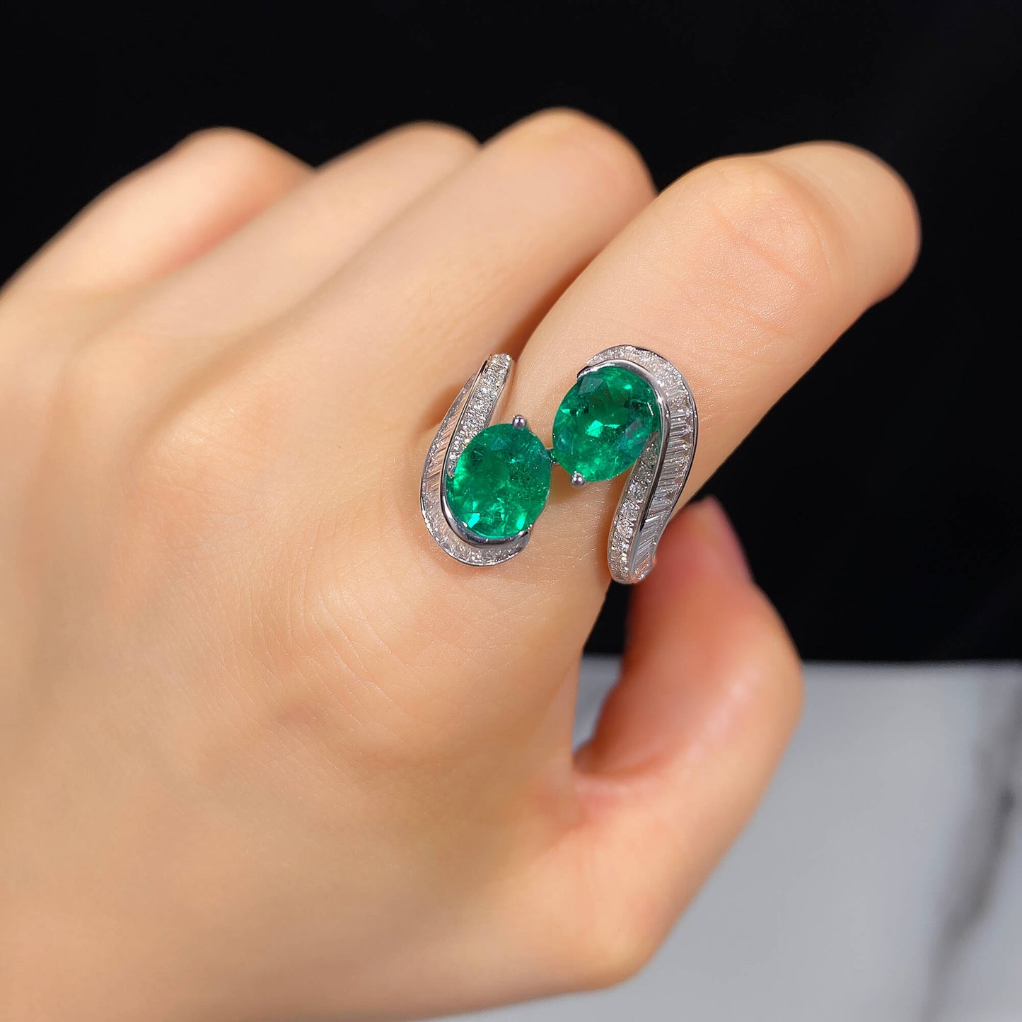 Natural Vivid Green Colombian Emerald Ring, 18K White Gold, Oval Shape, 3.47 Ct. TW