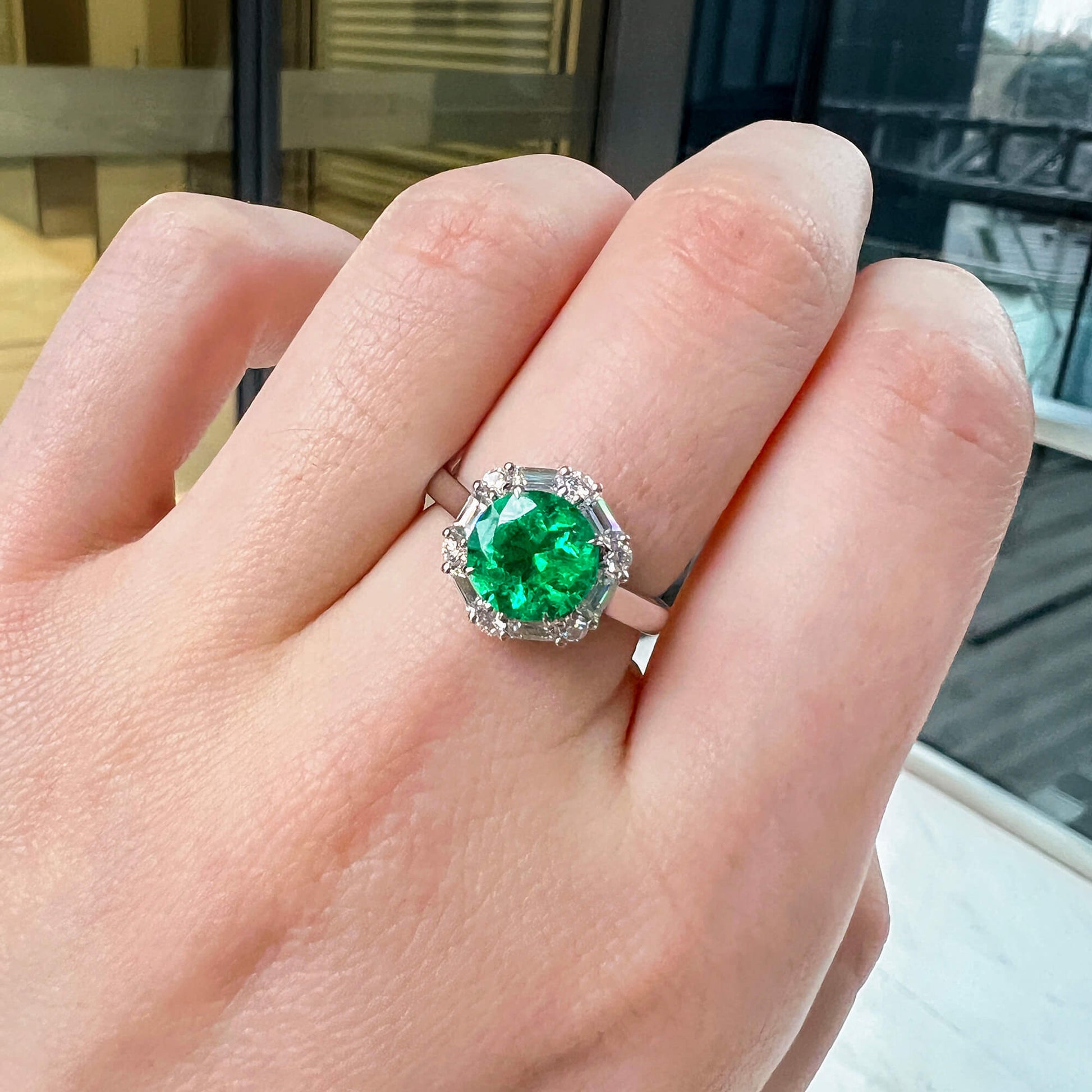 Natural Vivid Green Colombian Emerald Halo Ring, 18K White Gold, Round Shape, 2.48 Ct. TW