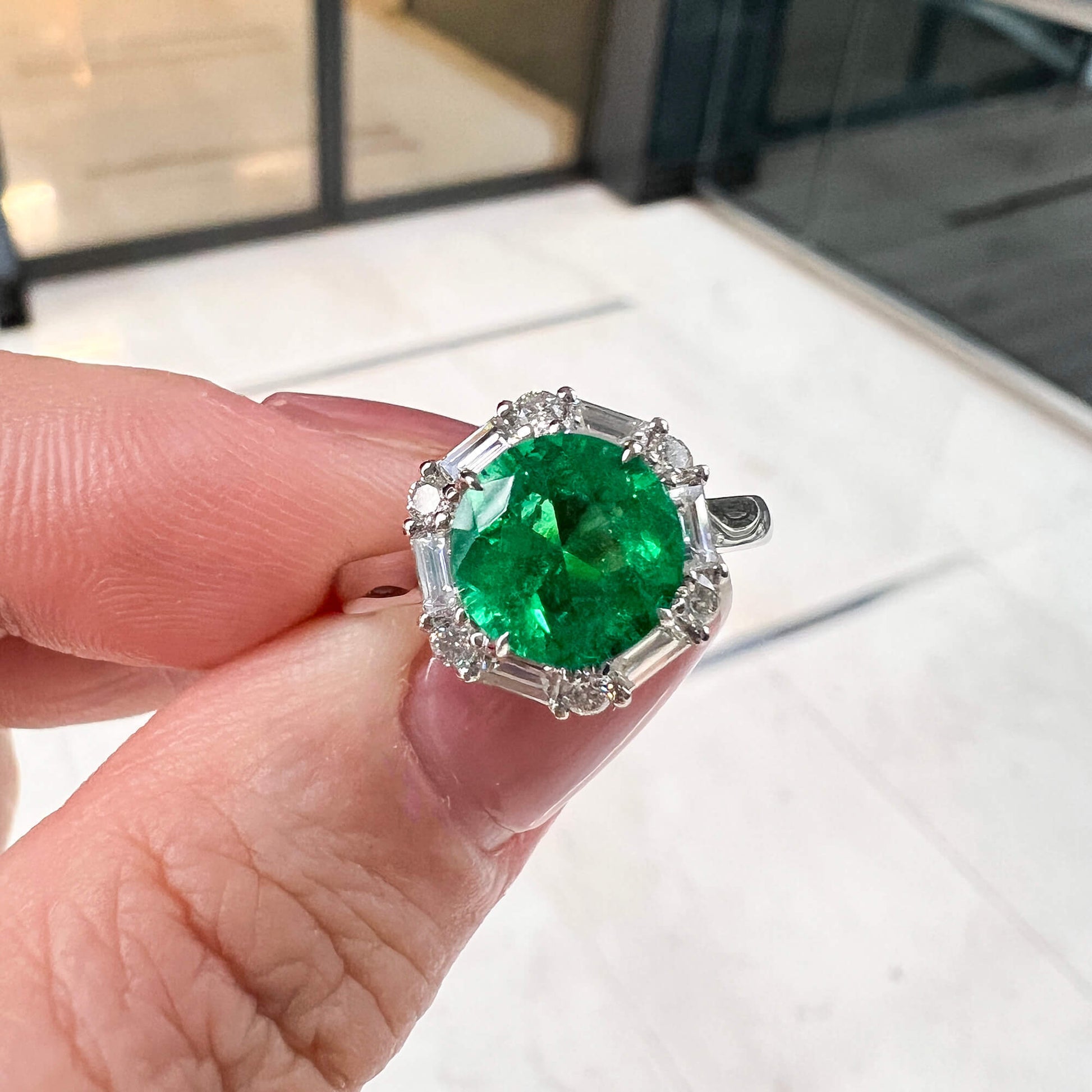 Natural Vivid Green Colombian Emerald Halo Ring, 18K White Gold, Round Shape, 2.48 Ct. TW