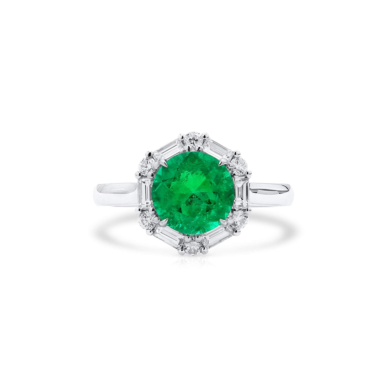 Natural Vivid Green Colombian Emerald Halo Ring, 18K White Gold, Round Shape, 2.48 Ct. TW