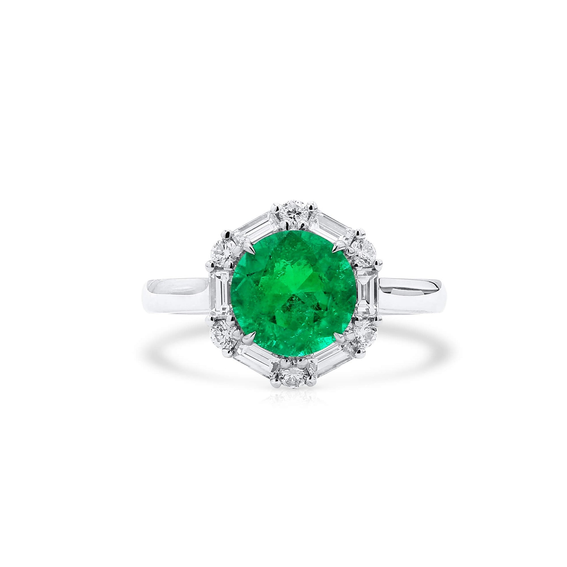 Natural Vivid Green Colombian Emerald Halo Ring, 18K White Gold, Round Shape, 2.48 Ct. TW