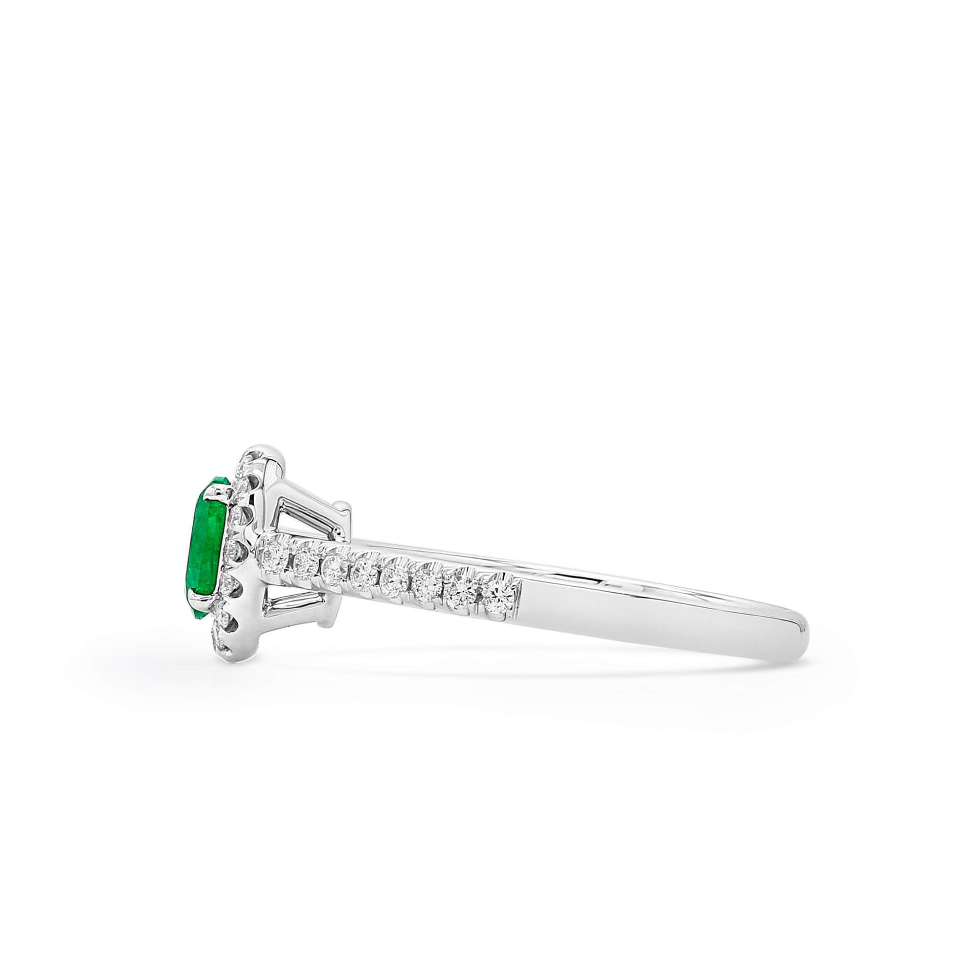 Natural Vivid Green Colombian Emerald Halo Ring, 18K White Gold, Oval Shape, 0.58 Ct. TW