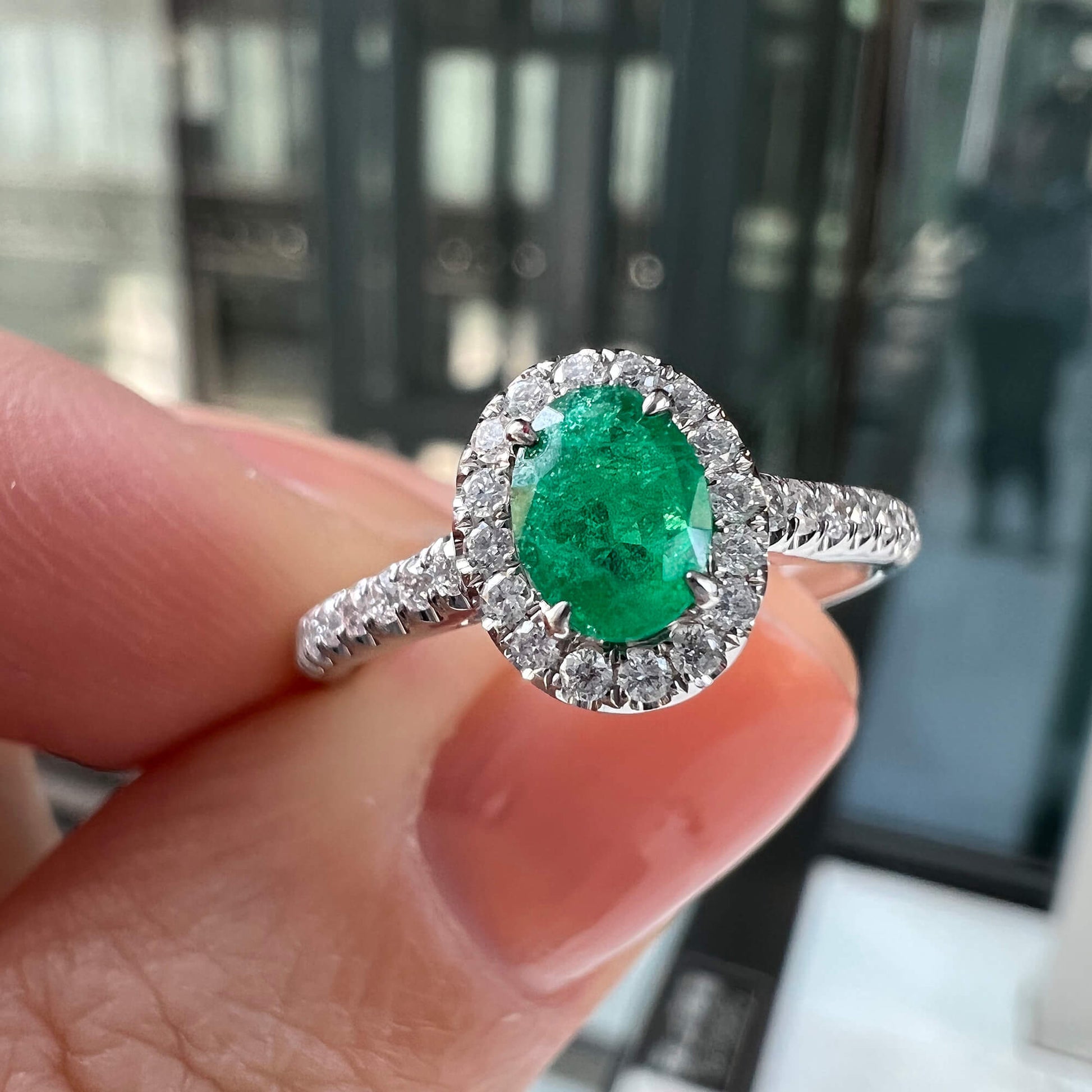 Natural Vivid Green Colombian Emerald Halo Ring, 18K White Gold, Oval Shape, 0.58 Ct. TW