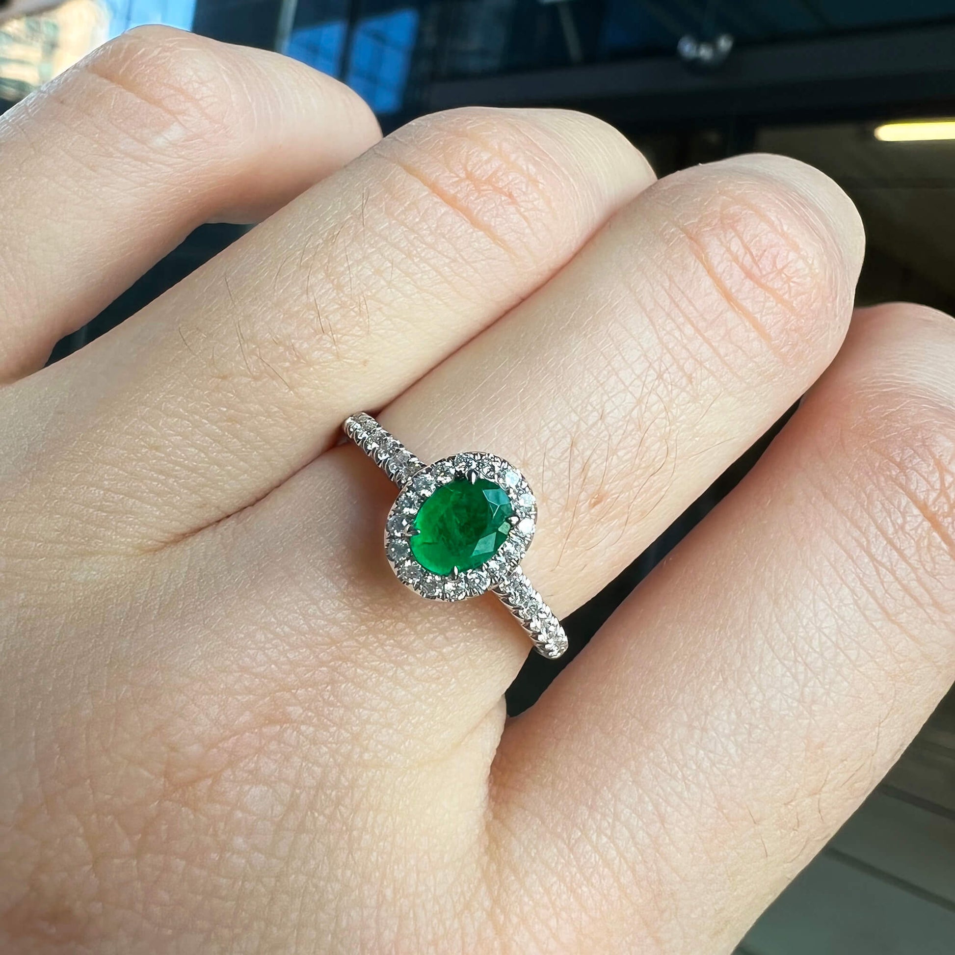 Natural Vivid Green Colombian Emerald Halo Ring, 18K White Gold, Oval Shape, 0.58 Ct. TW
