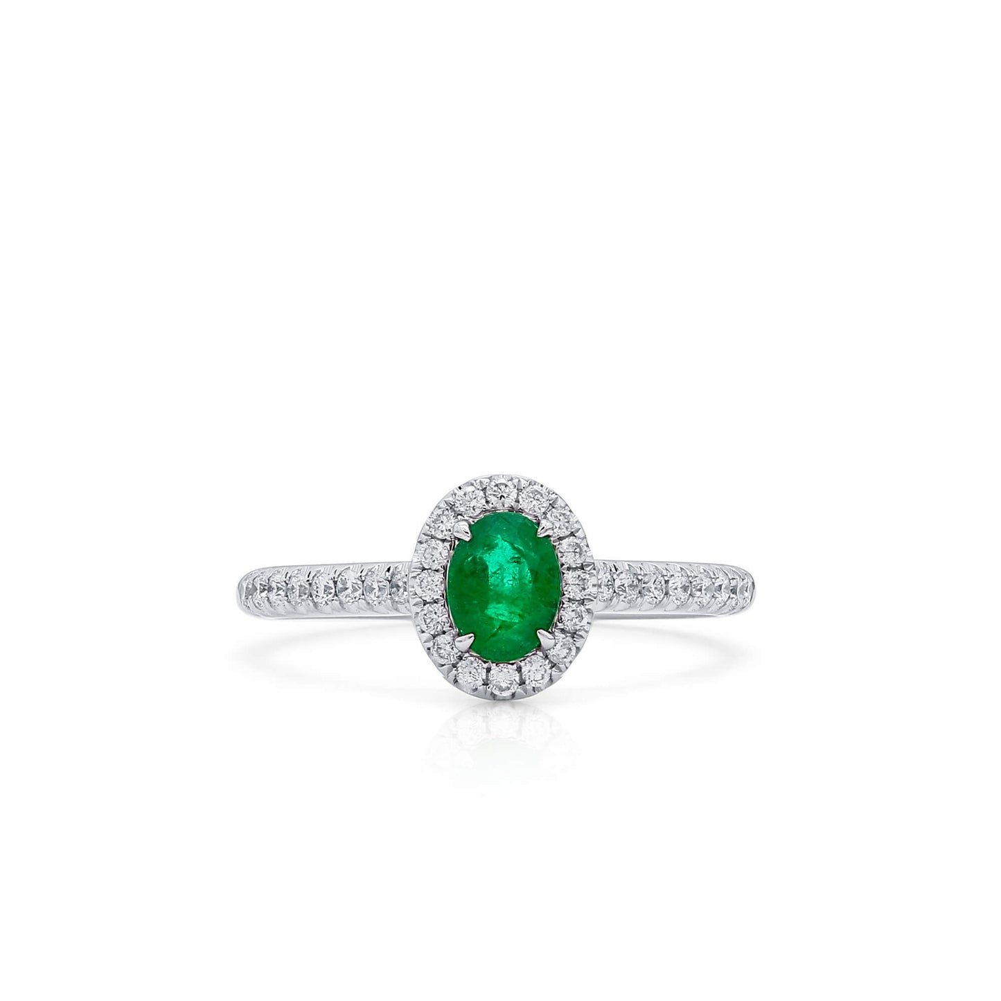 Natural Vivid Green Colombian Emerald Halo Ring, 18K White Gold, Oval Shape, 0.58 Ct. TW