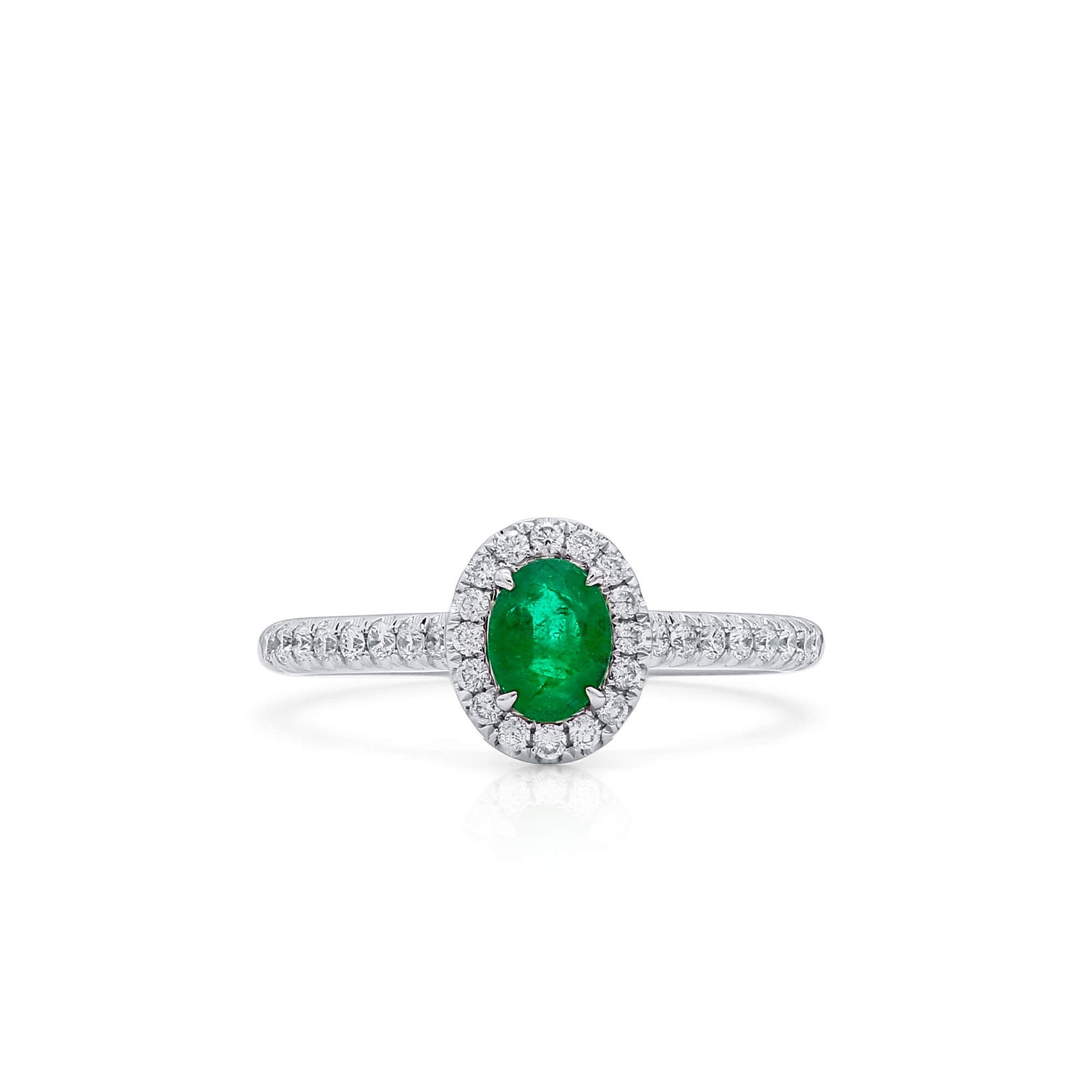 Natural Vivid Green Colombian Emerald Halo Ring, 18K White Gold, Oval Shape, 0.58 Ct. TW