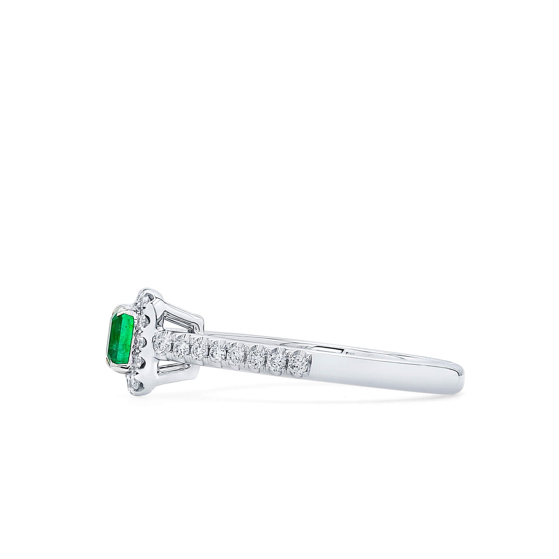 Natural Vivid Green Colombian Emerald Halo Ring, 18K White Gold, Radiant Shape, 0.58 Ct. TW
