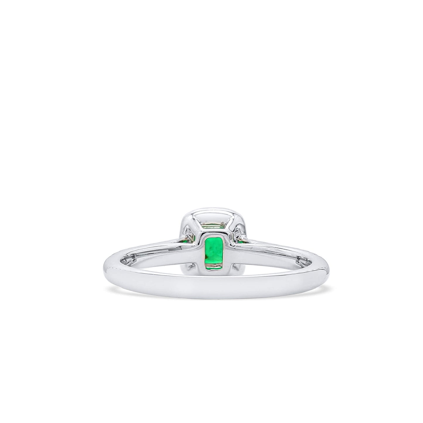 Natural Vivid Green Colombian Emerald Halo Ring, 18K White Gold, Radiant Shape, 0.58 Ct. TW