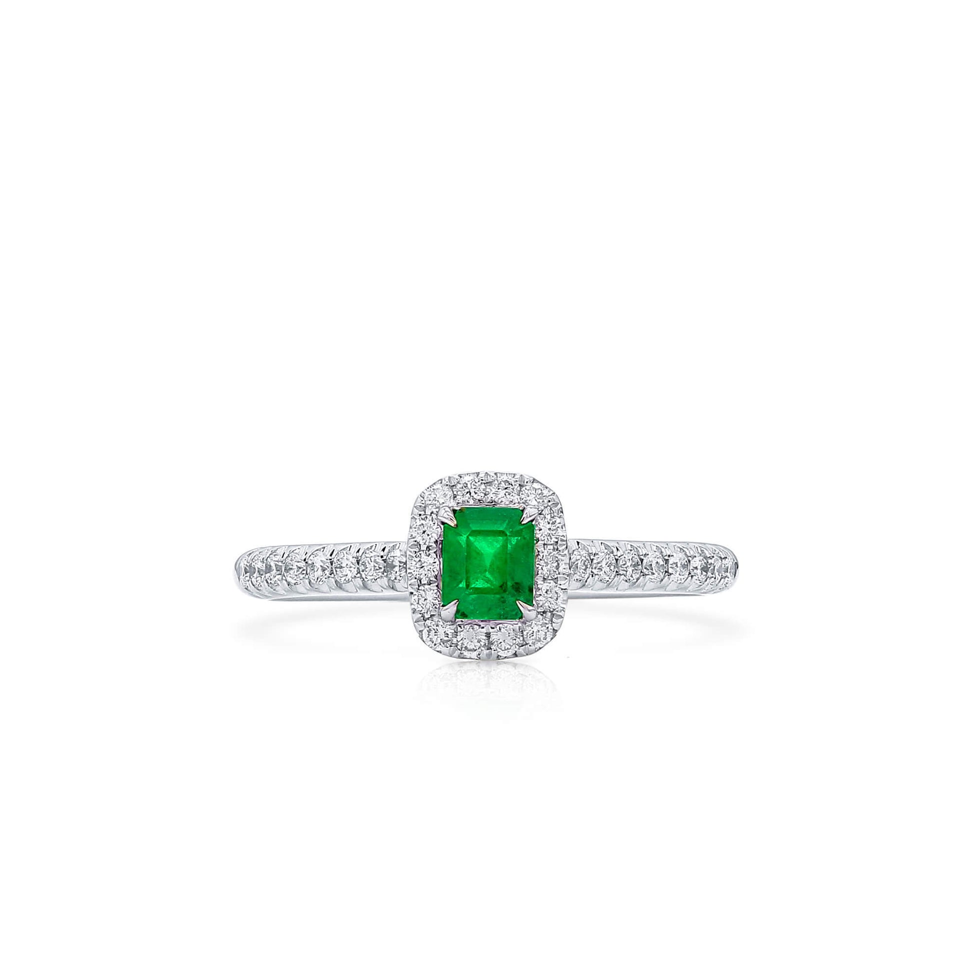 Natural Vivid Green Colombian Emerald Halo Ring, 18K White Gold, Radiant Shape, 0.58 Ct. TW