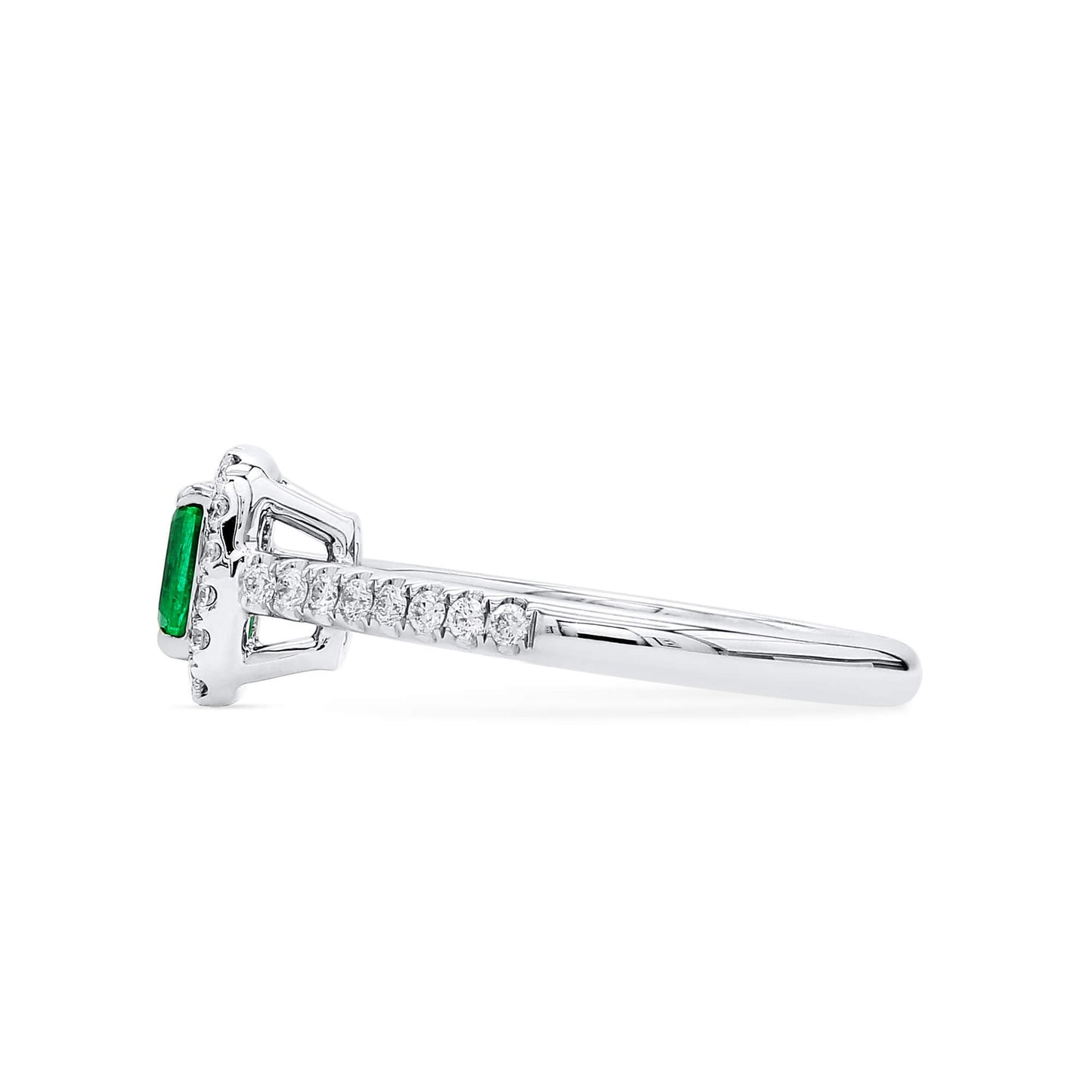Natural Vivid Green Colombian Emerald Halo Ring, 18K White Gold, Radiant Shape, 0.62 Ct. TW