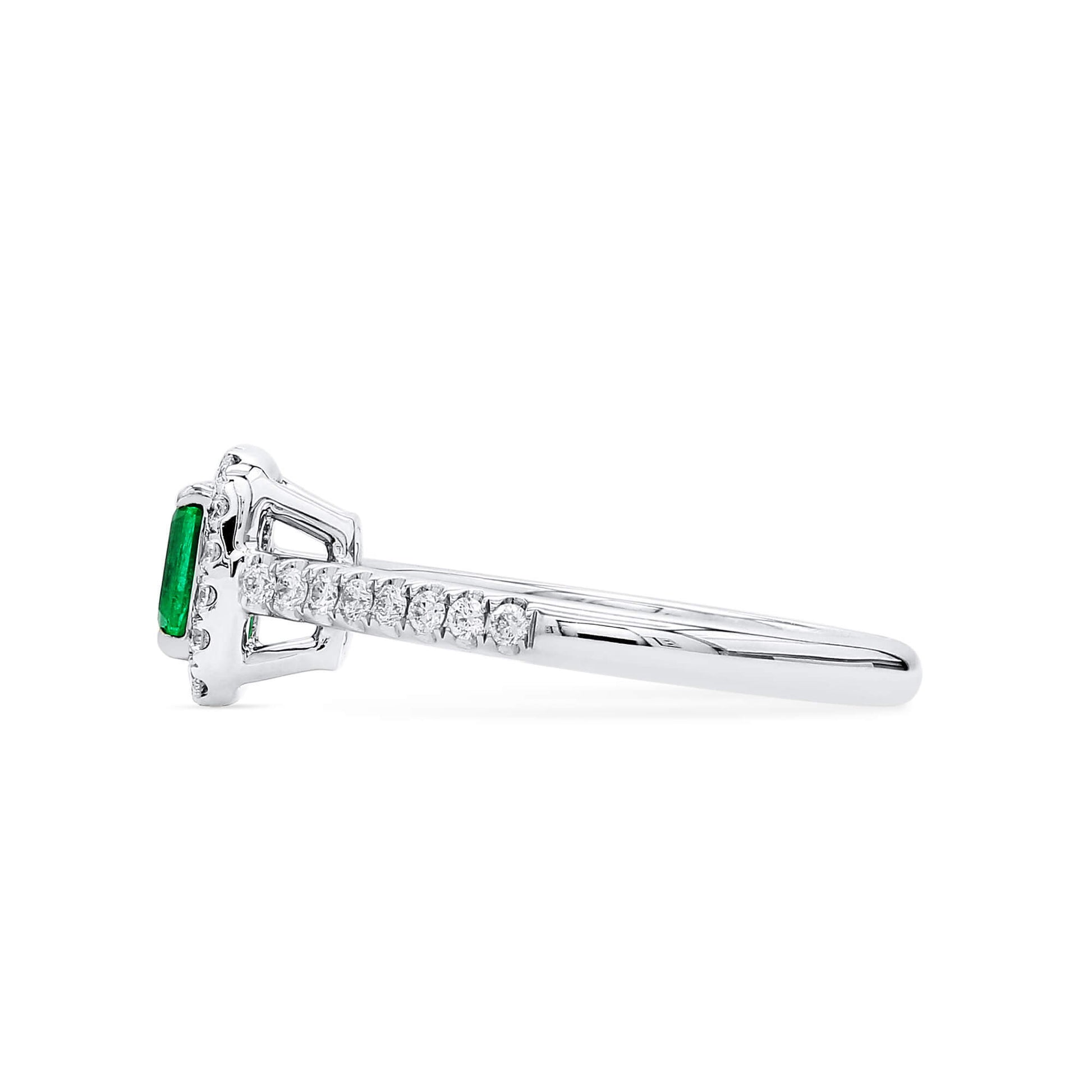 Natural Vivid Green Colombian Emerald Halo Ring, 18K White Gold, Radiant Shape, 0.62 Ct. TW