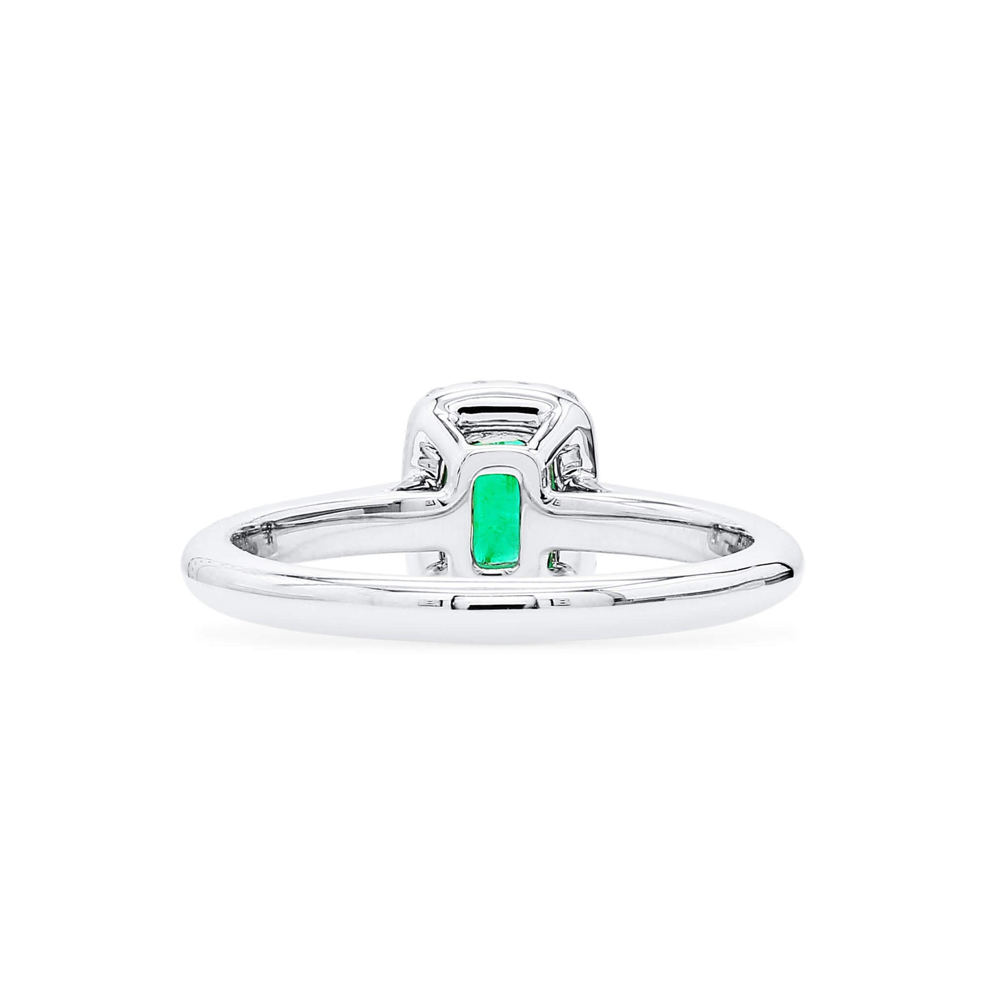 Natural Vivid Green Colombian Emerald Halo Ring, 18K White Gold, Radiant Shape, 0.62 Ct. TW