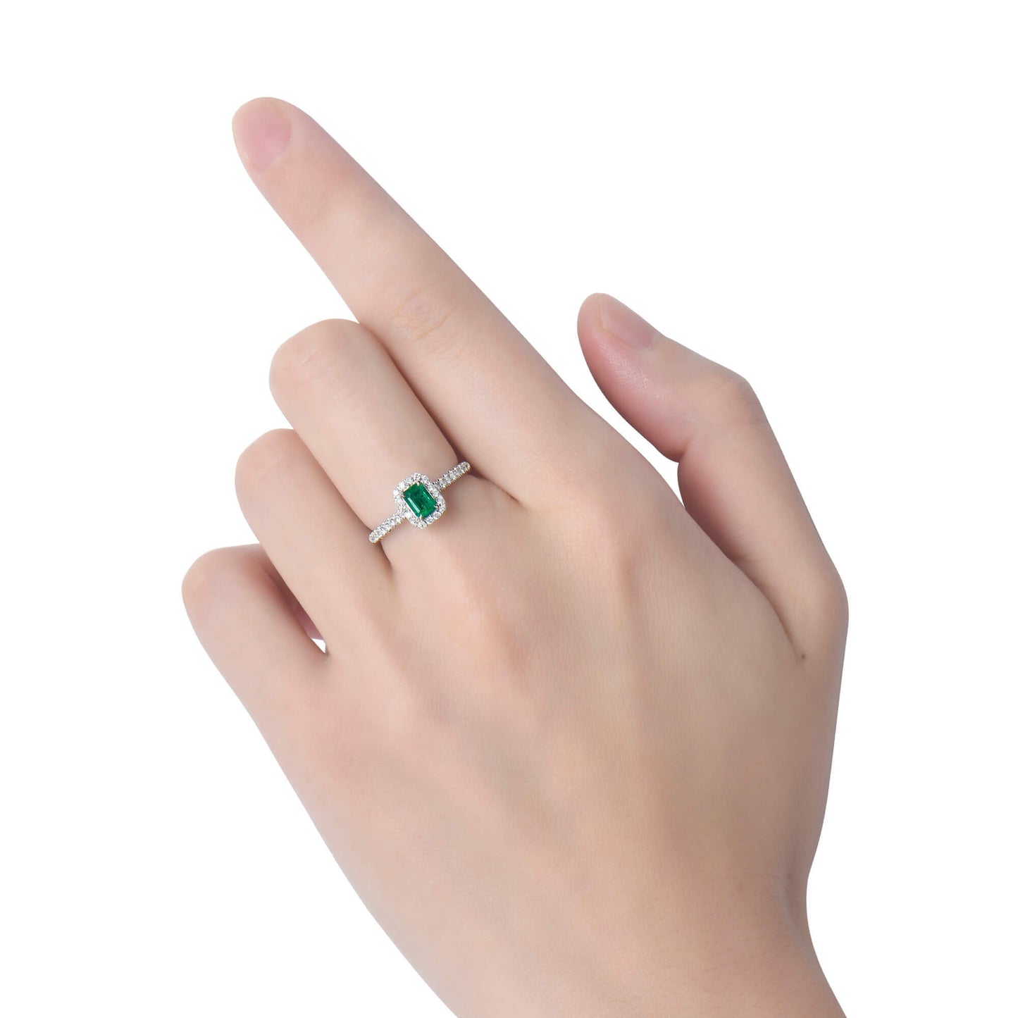 Natural Vivid Green Colombian Emerald Halo Ring, 18K White Gold, Radiant Shape, 0.62 Ct. TW
