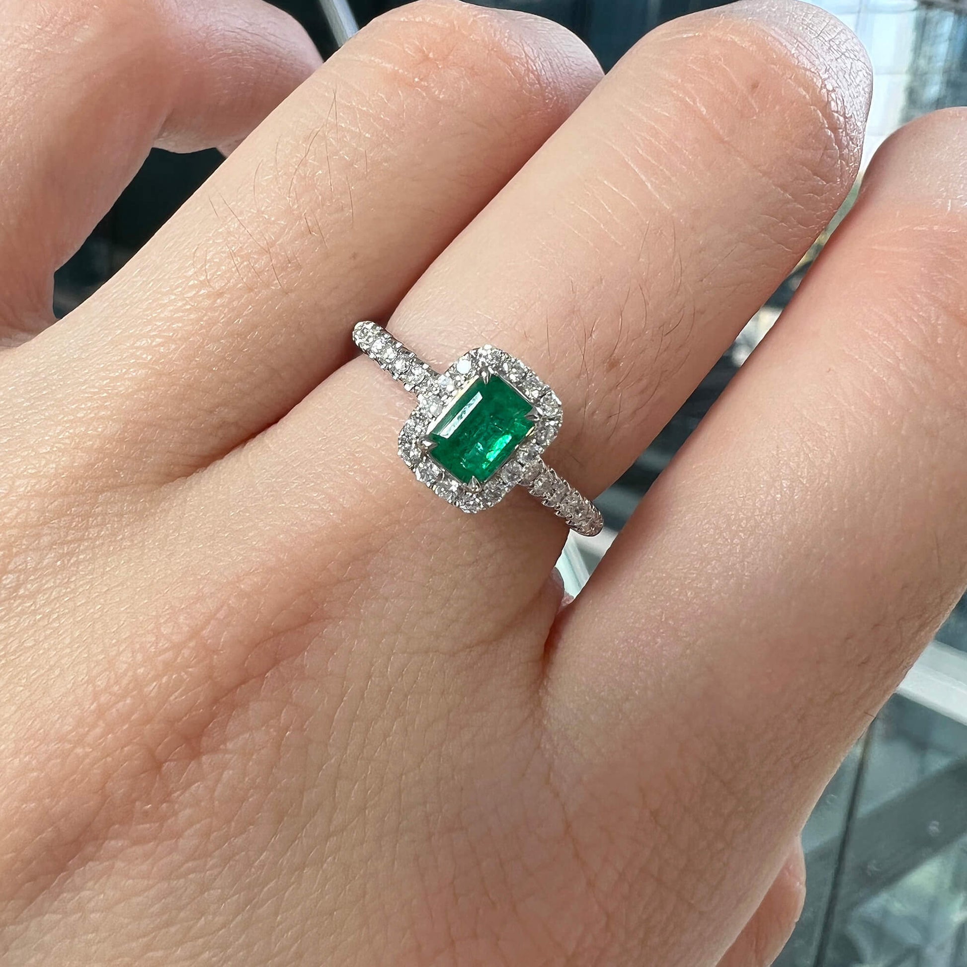 Natural Vivid Green Colombian Emerald Halo Ring, 18K White Gold, Radiant Shape, 0.62 Ct. TW
