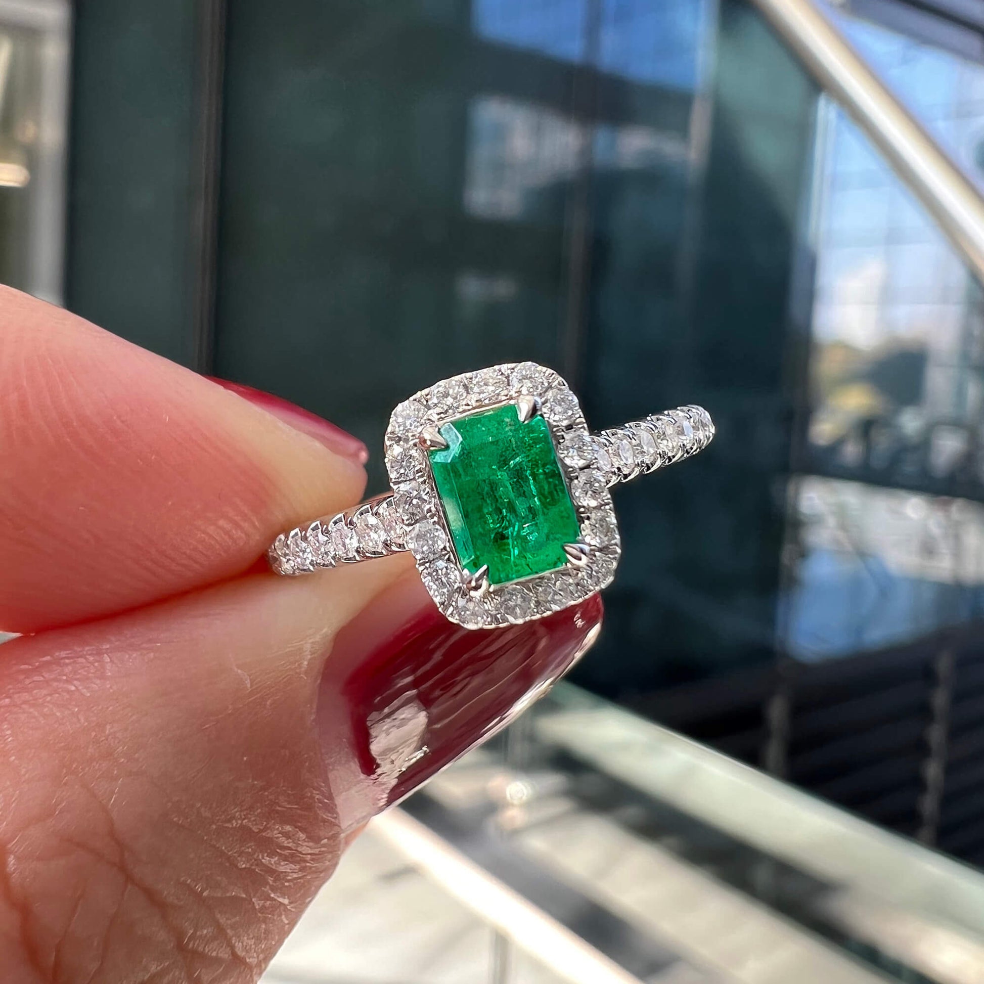 Natural Vivid Green Colombian Emerald Halo Ring, 18K White Gold, Radiant Shape, 0.62 Ct. TW