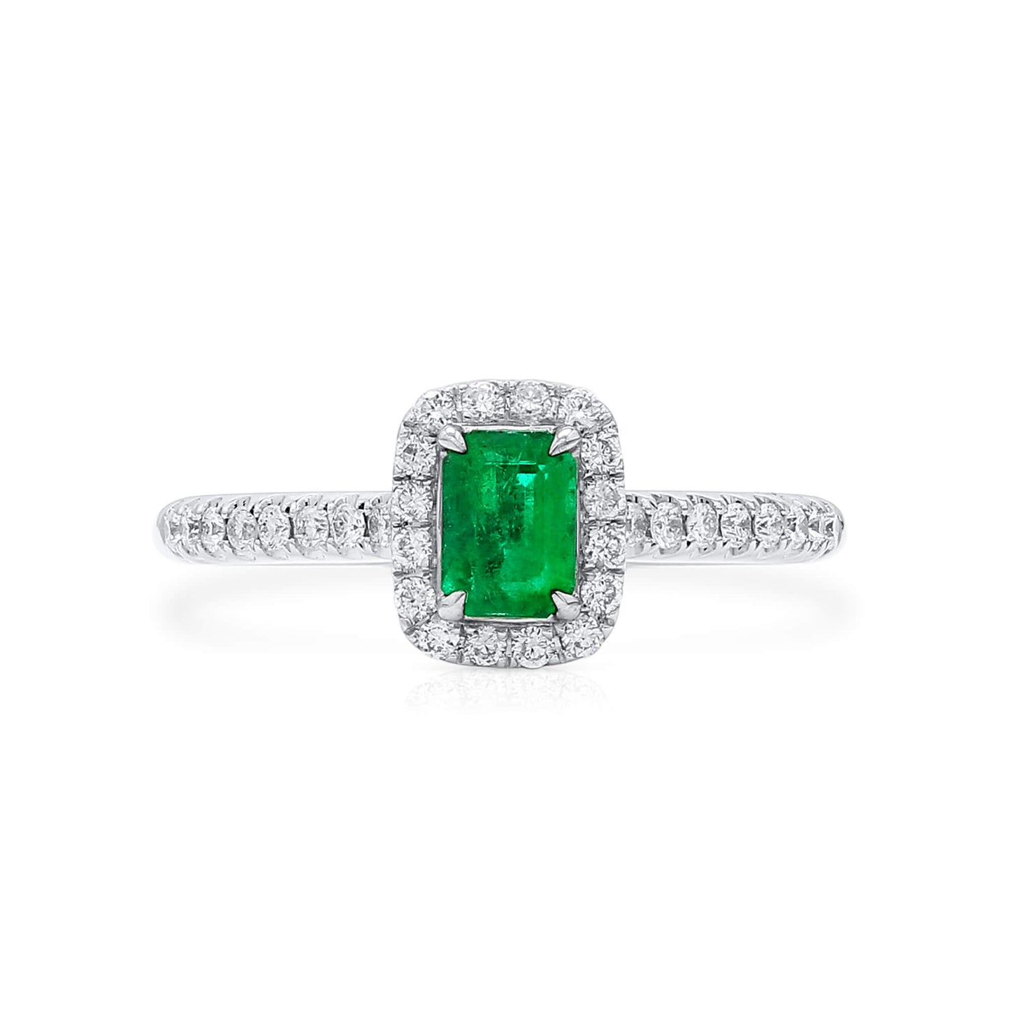 Natural Vivid Green Colombian Emerald Halo Ring, 18K White Gold, Radiant Shape, 0.62 Ct. TW