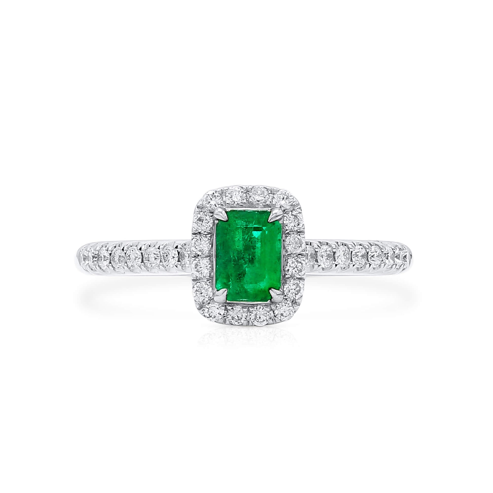 Natural Vivid Green Colombian Emerald Halo Ring, 18K White Gold, Radiant Shape, 0.62 Ct. TW