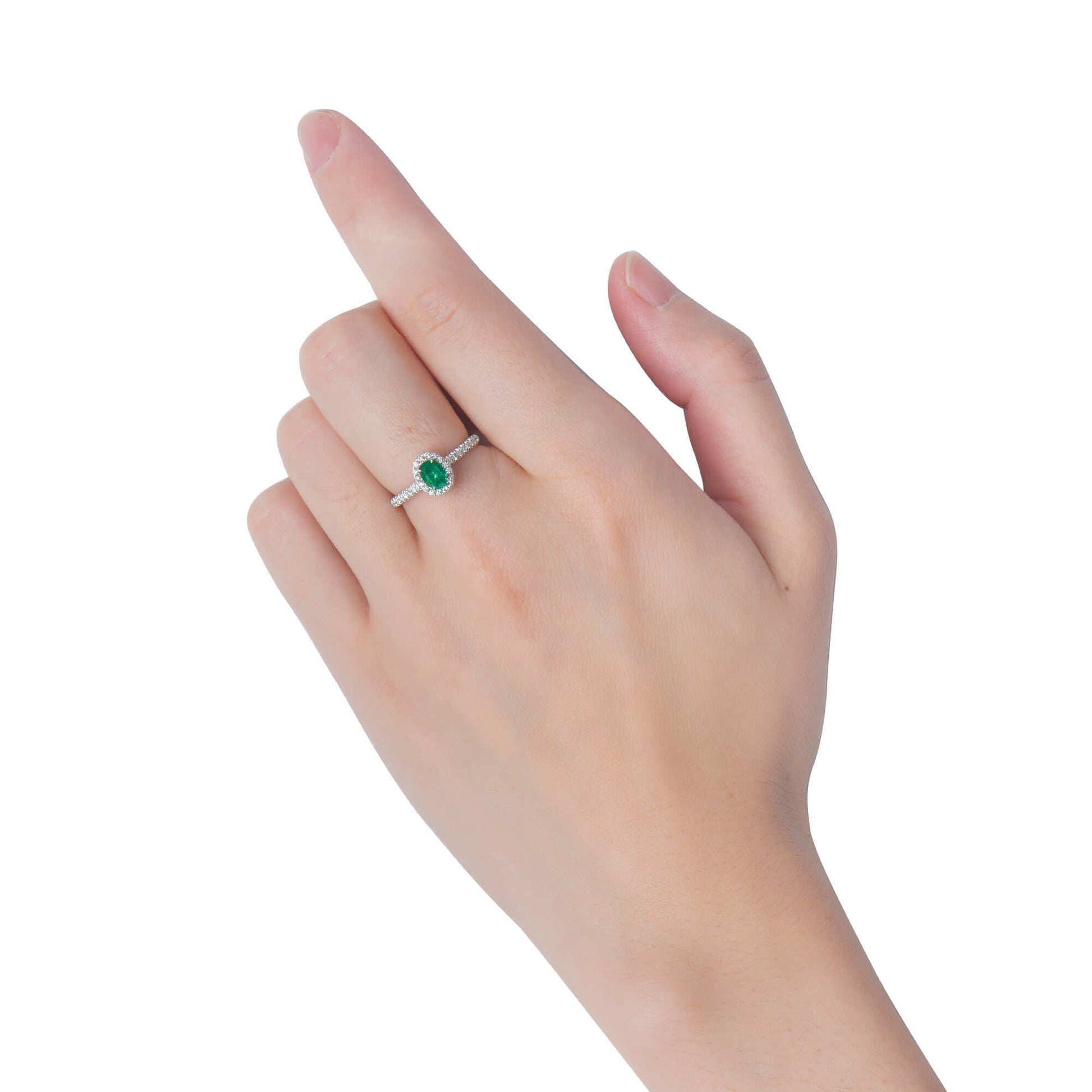 天然生动绿色哥伦比亚翡翠光环戒指，18K白金，椭圆形，0.65克拉总重