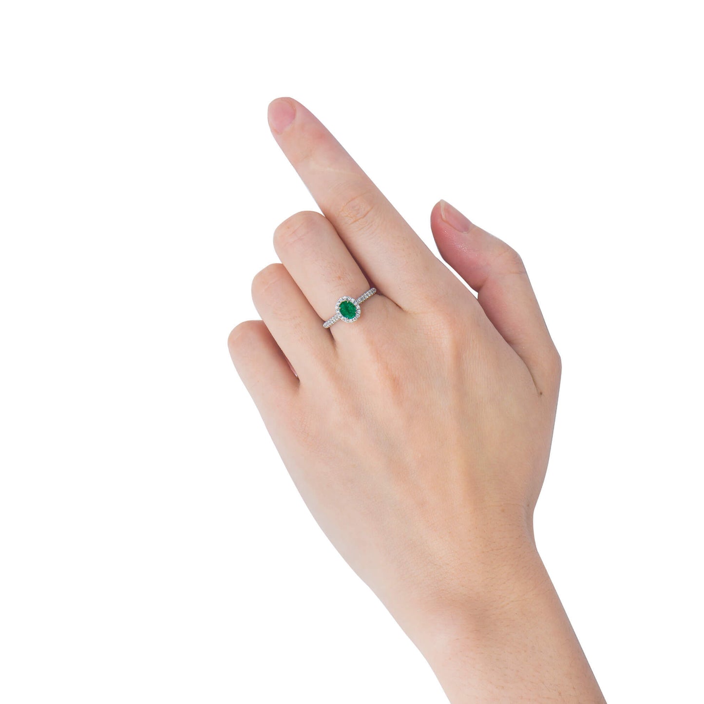 Natural Vivid Green Colombian Emerald Halo Ring, 18K White Gold, Oval Shape, 0.87 Ct. TW