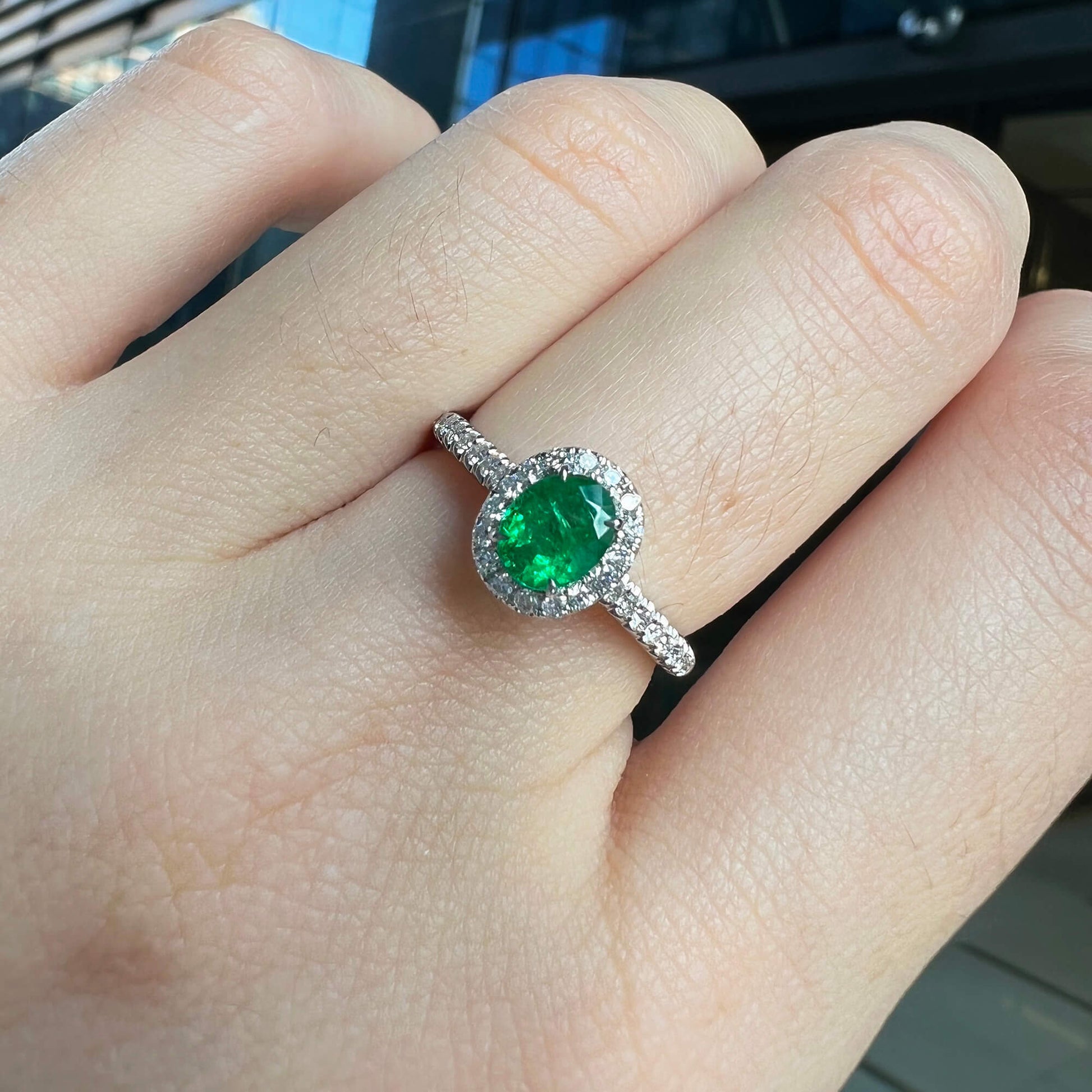 Natural Vivid Green Colombian Emerald Halo Ring, 18K White Gold, Oval Shape, 0.87 Ct. TW