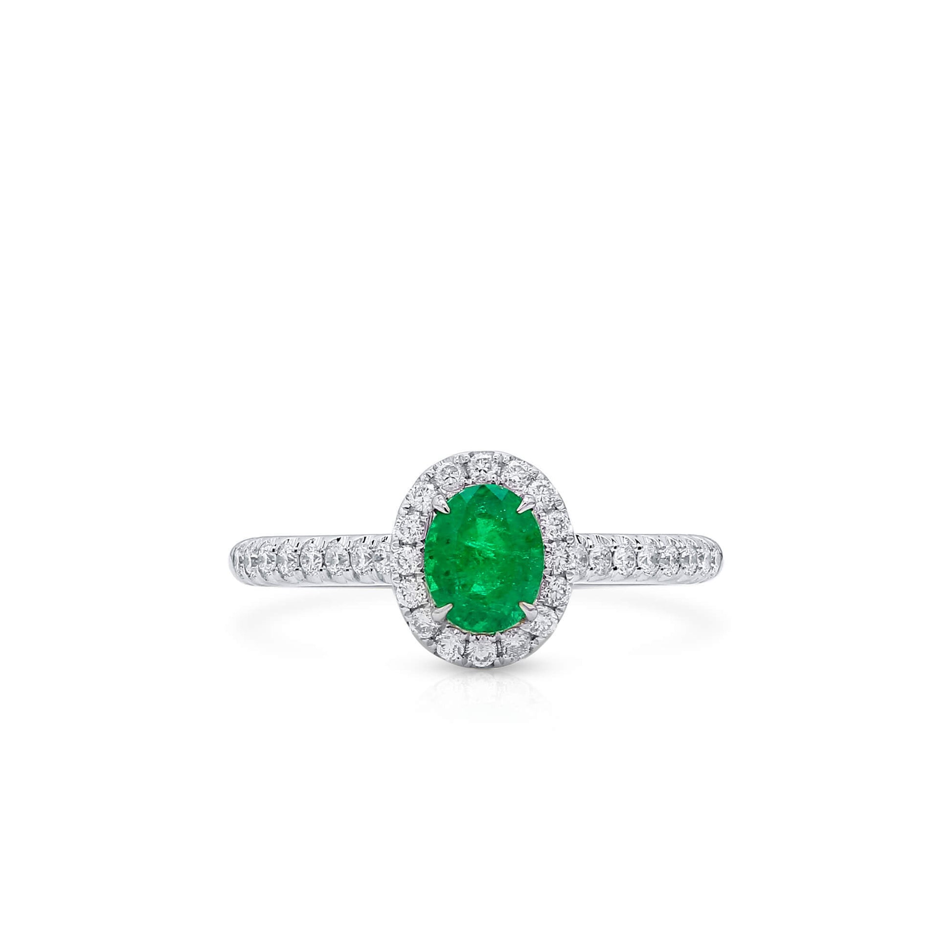 Natural Vivid Green Colombian Emerald Halo Ring, 18K White Gold, Oval Shape, 0.87 Ct. TW