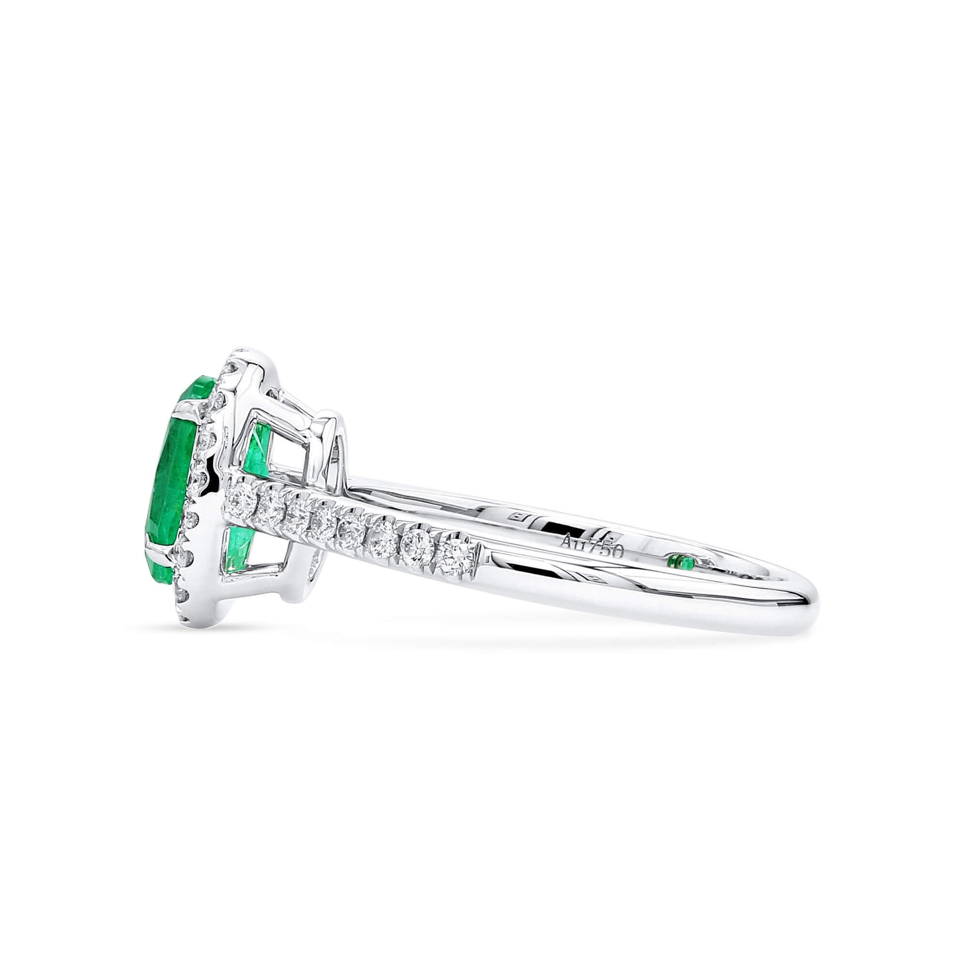 Natural Vivid Green Colombian Emerald Halo Ring, 18K White Gold, Oval Shape, 1.27 Ct. TW