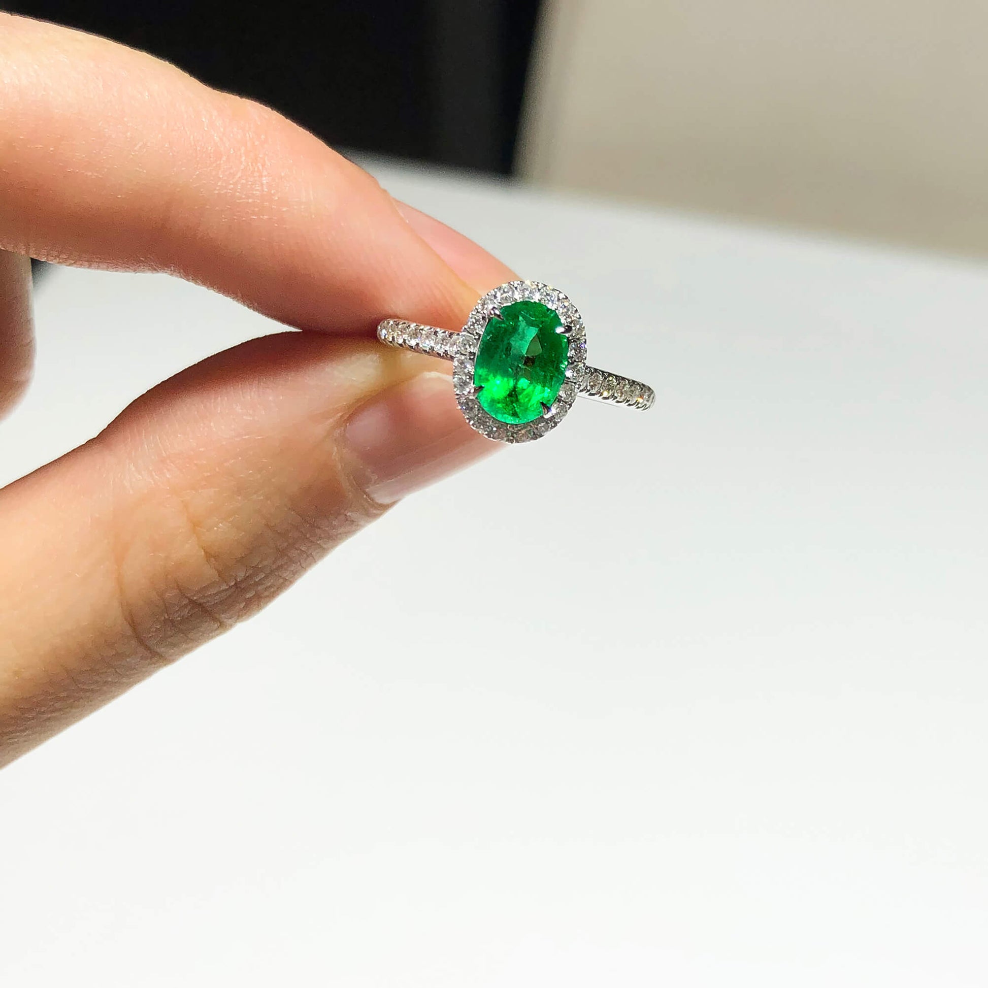 Natural Vivid Green Colombian Emerald Halo Ring, 18K White Gold, Oval Shape, 1.27 Ct. TW
