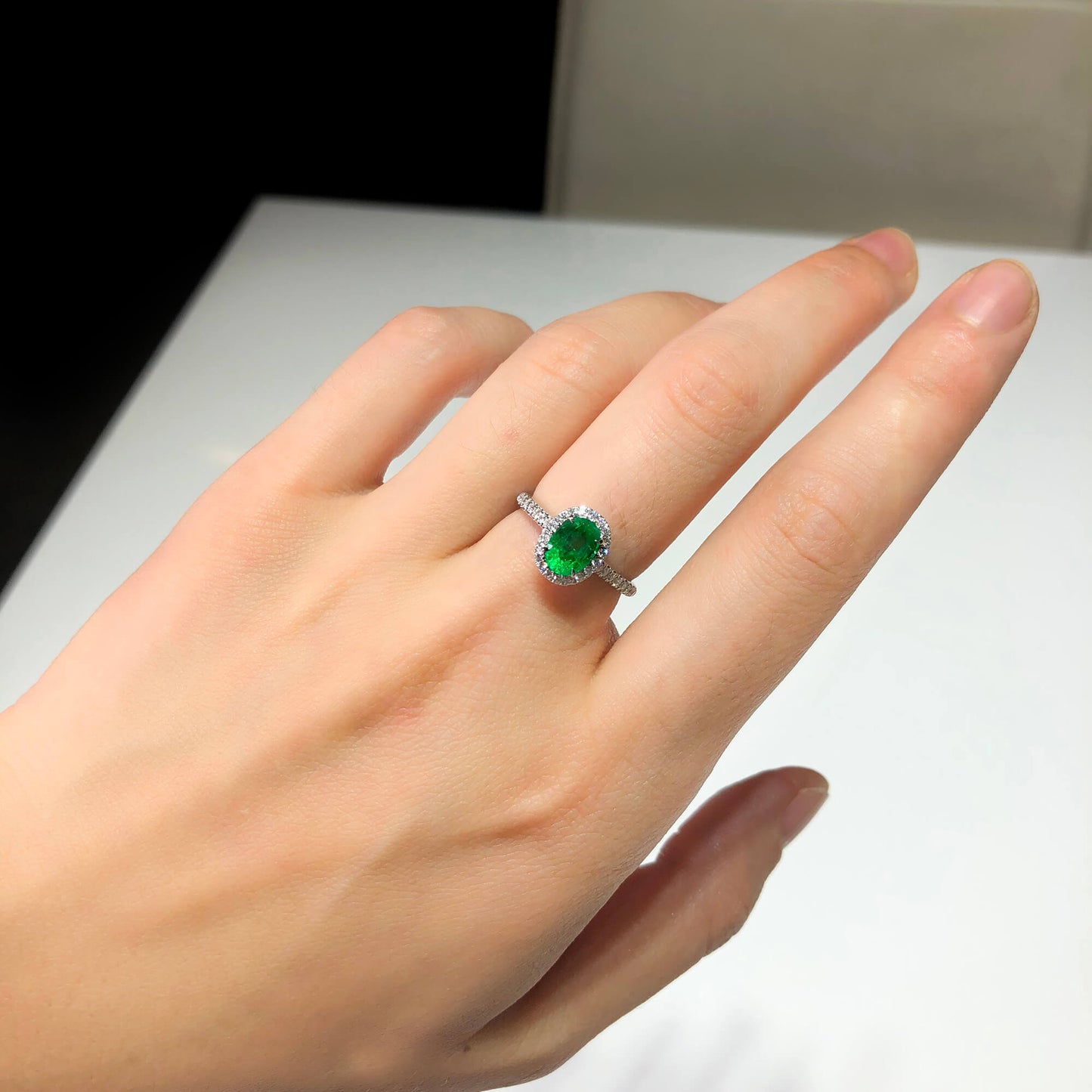 Natural Vivid Green Colombian Emerald Halo Ring, 18K White Gold, Oval Shape, 1.27 Ct. TW